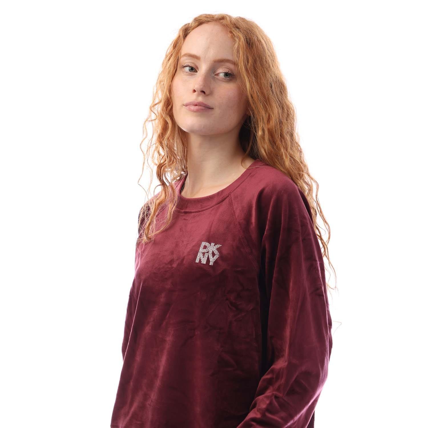 Burgundy - DKNY - Rhinestone Velour Logo Crew Neck Sweatshirt - 2