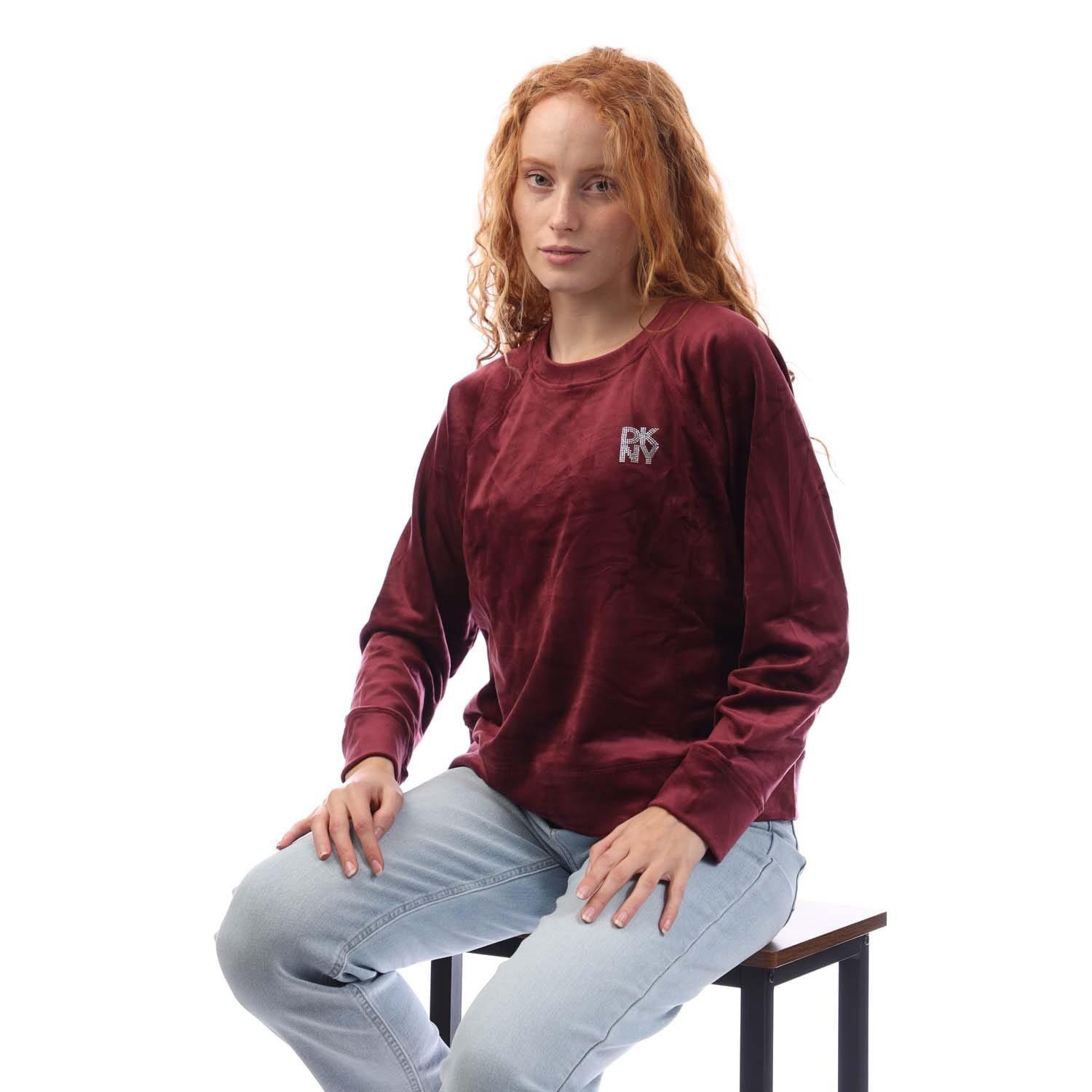 Burgundy - DKNY - Rhinestone Velour Logo Crew Neck Sweatshirt - 4