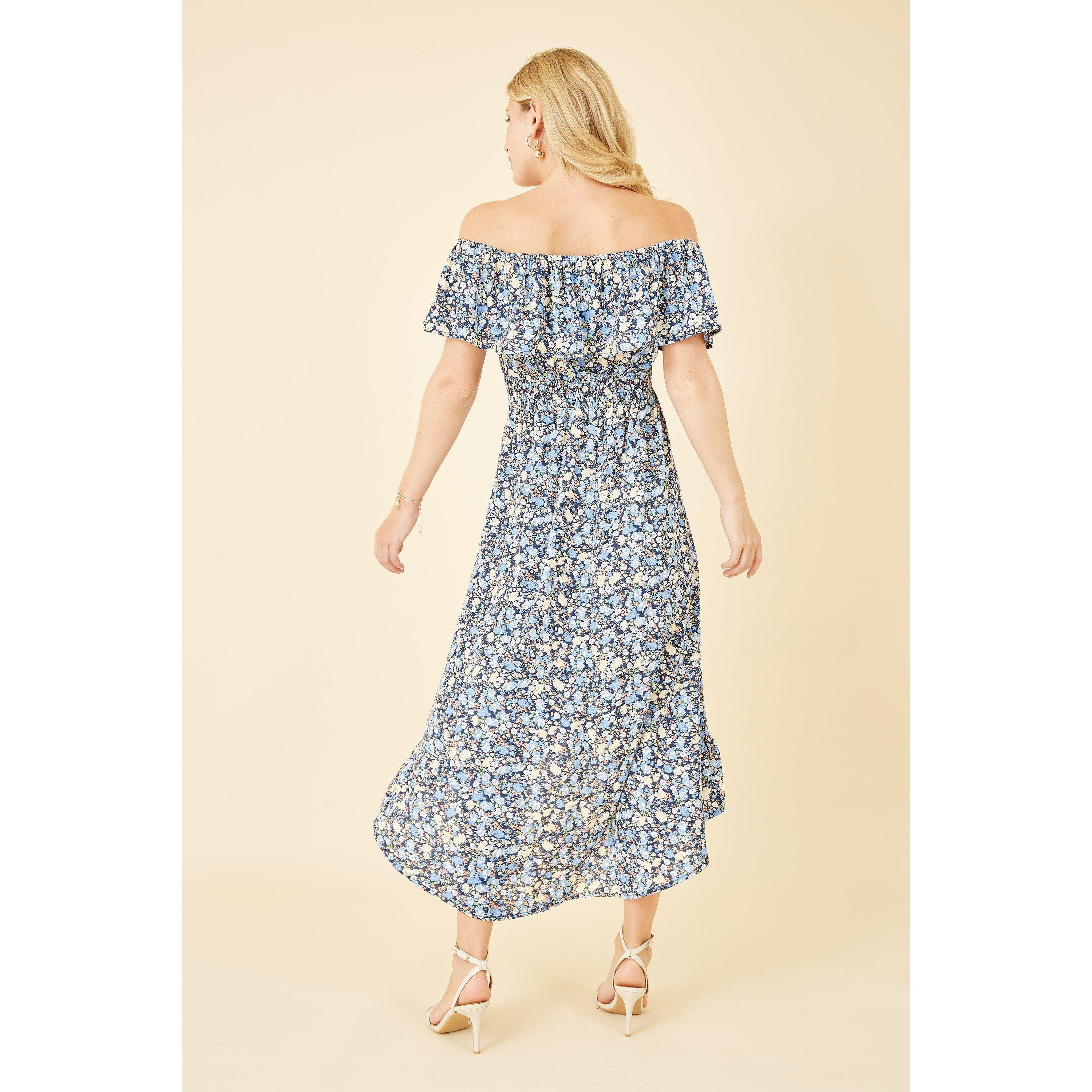 Blue - Mela London - Blue Floral Ditsy Bardot Midi Dress - 3
