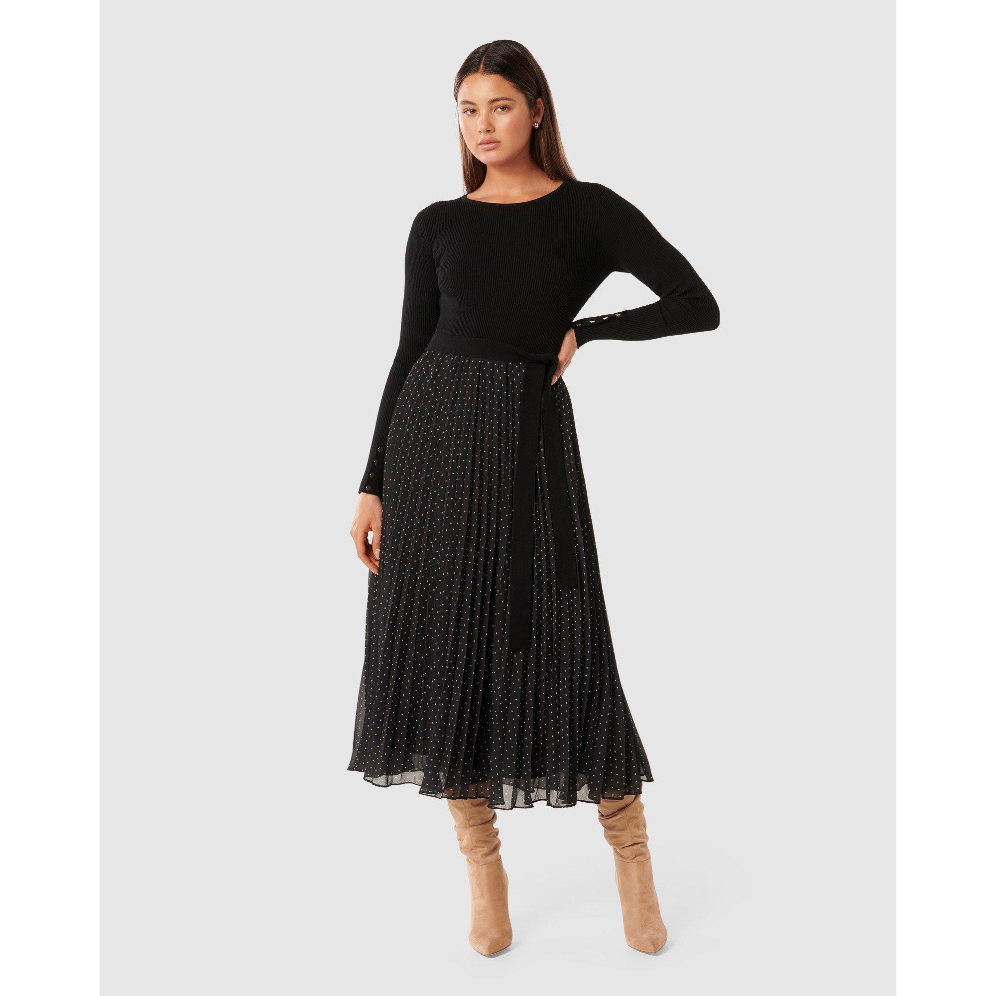 Black - Forever New - Finley Polka Dot Pleat Hem Knit Dress - 2