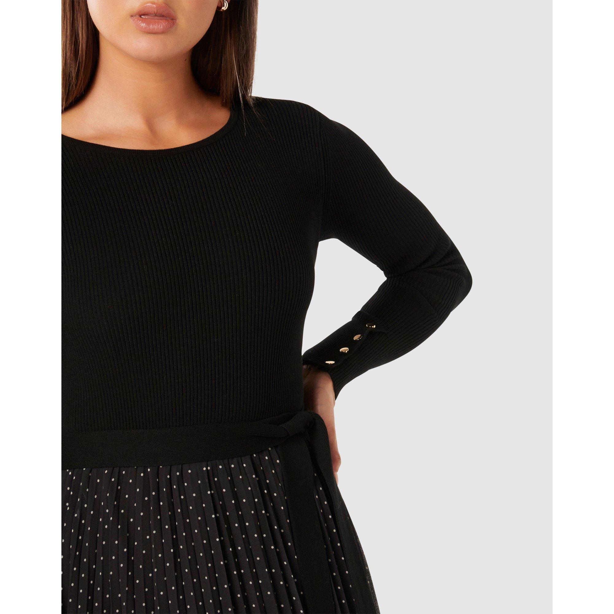Black - Forever New - Finley Polka Dot Pleat Hem Knit Dress - 3