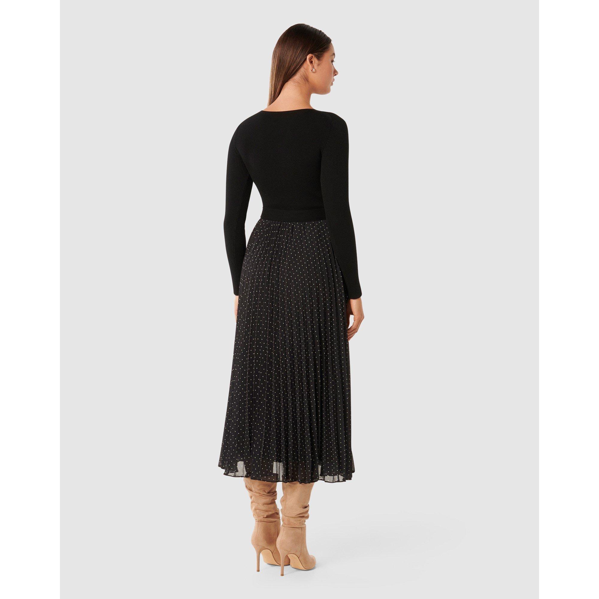 Black - Forever New - Finley Polka Dot Pleat Hem Knit Dress - 5