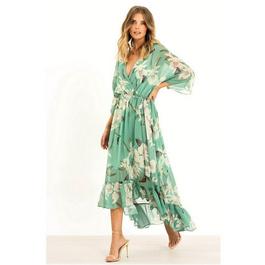 Yumi Mint Floral print Kimono Midi Wrap Dress