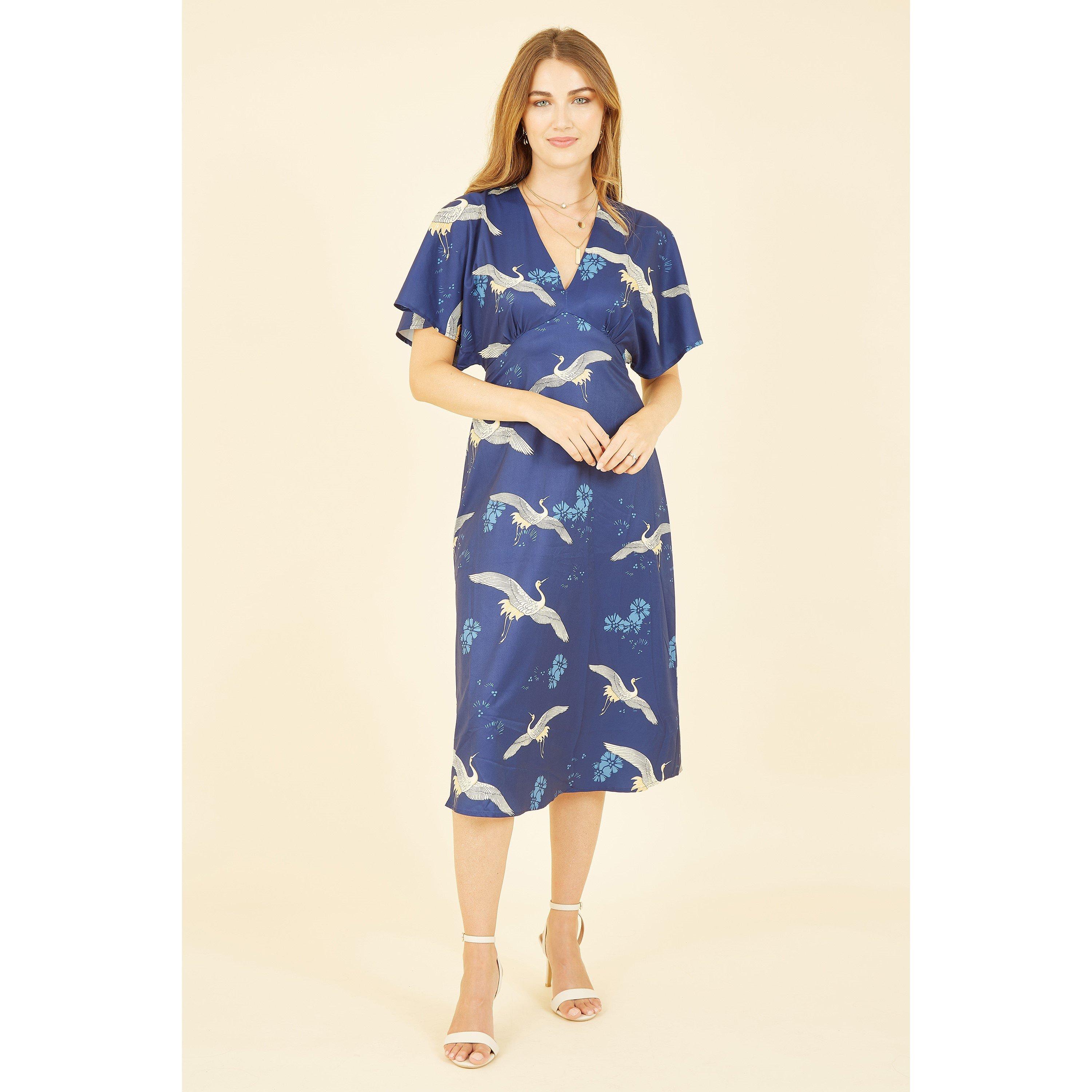 Yumi Navy Crane Print Kimono Midi Dress