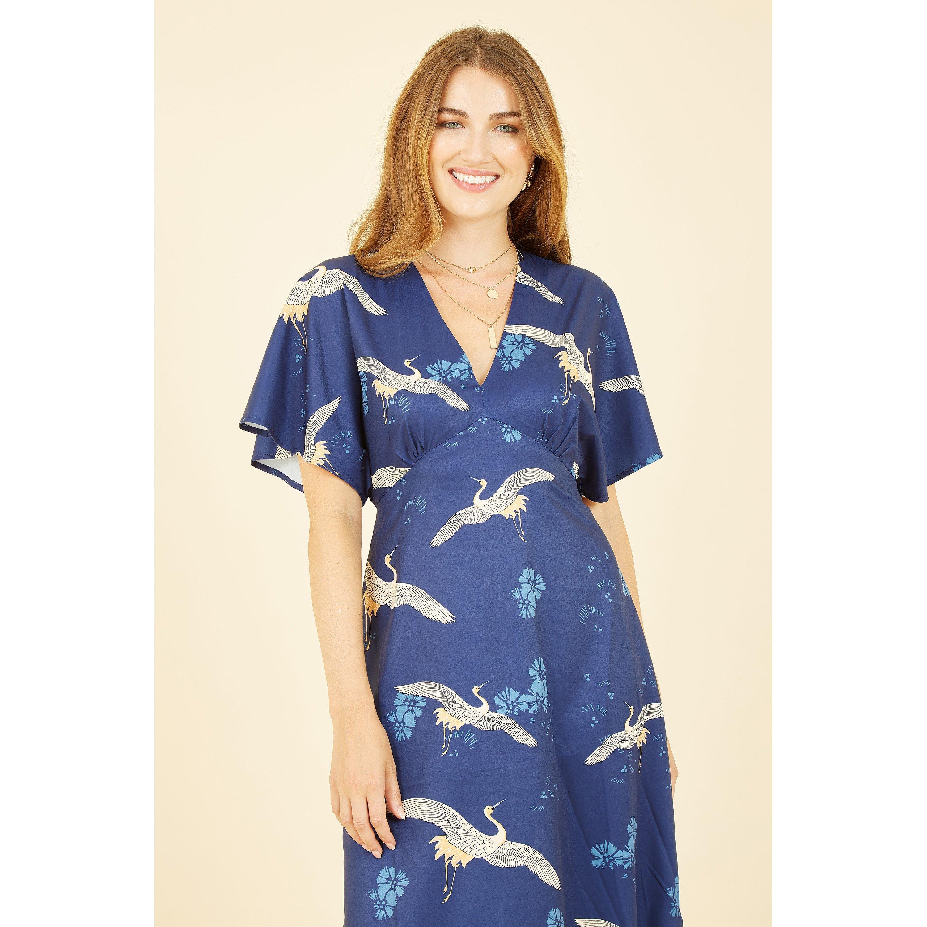 Navy - Yumi - Navy Crane Print Kimono Midi Dress - 2