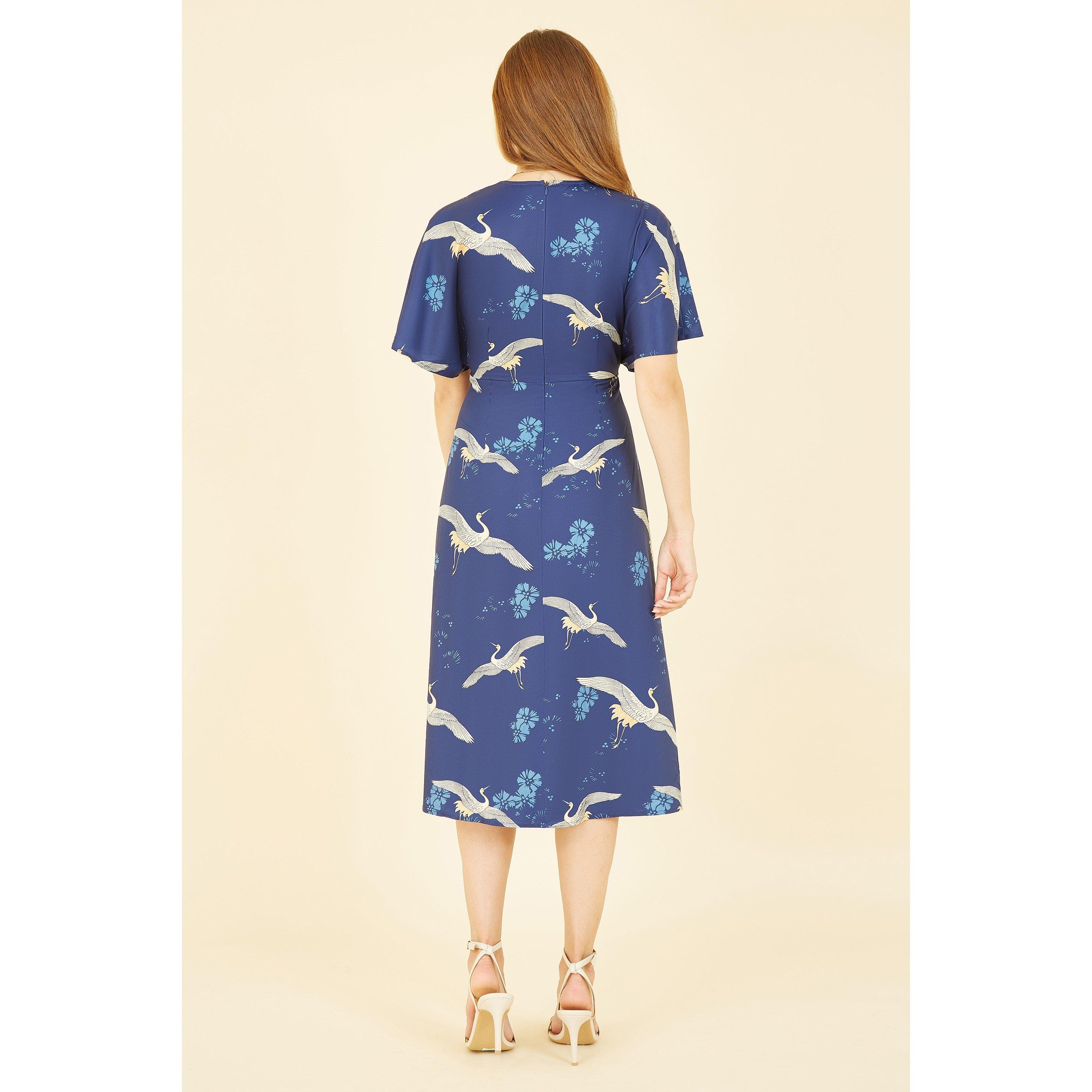 Navy - Yumi - Navy Crane Print Kimono Midi Dress - 3