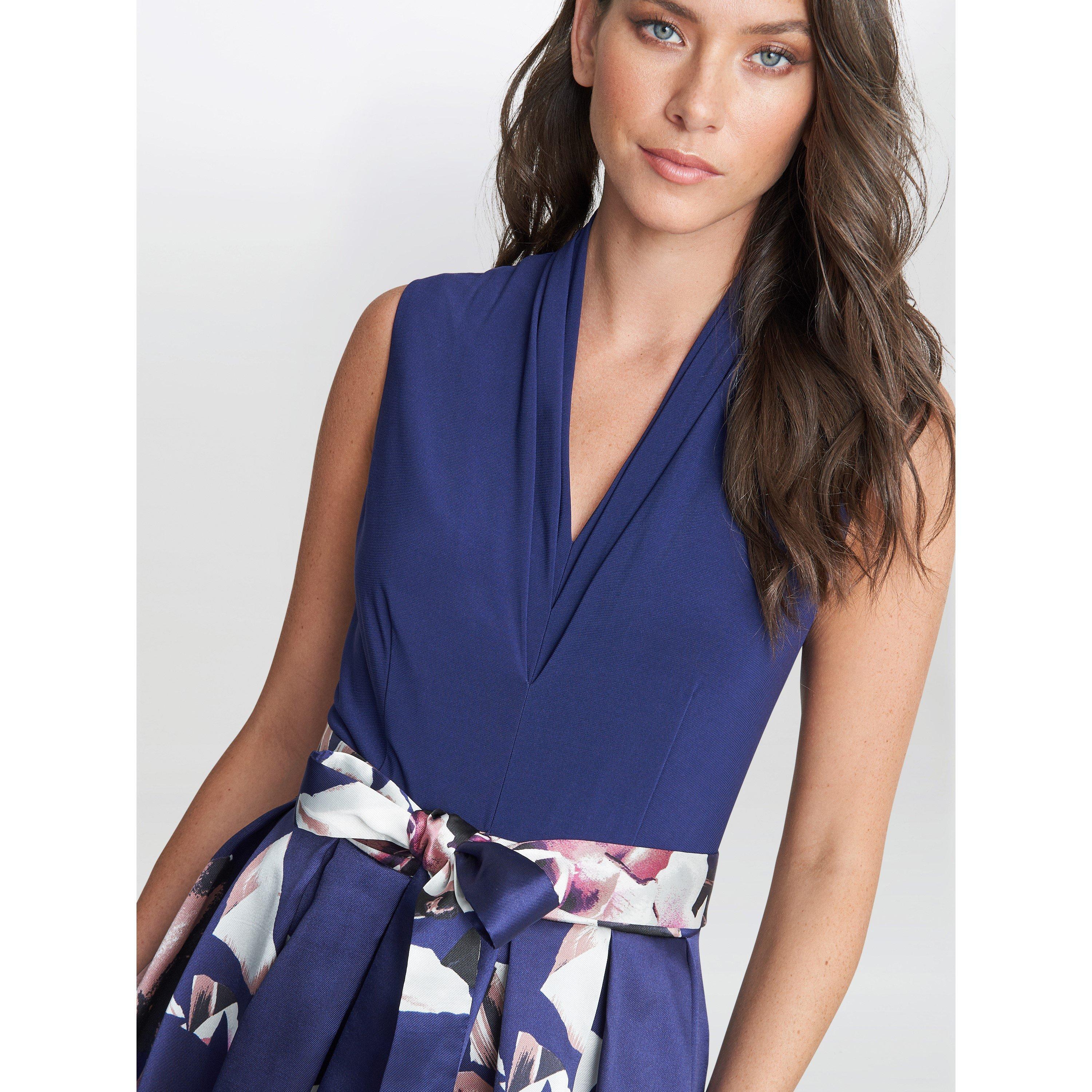 Navy - Gina Bacconi - Megan Sleeveless Floral High Low Dress - 5