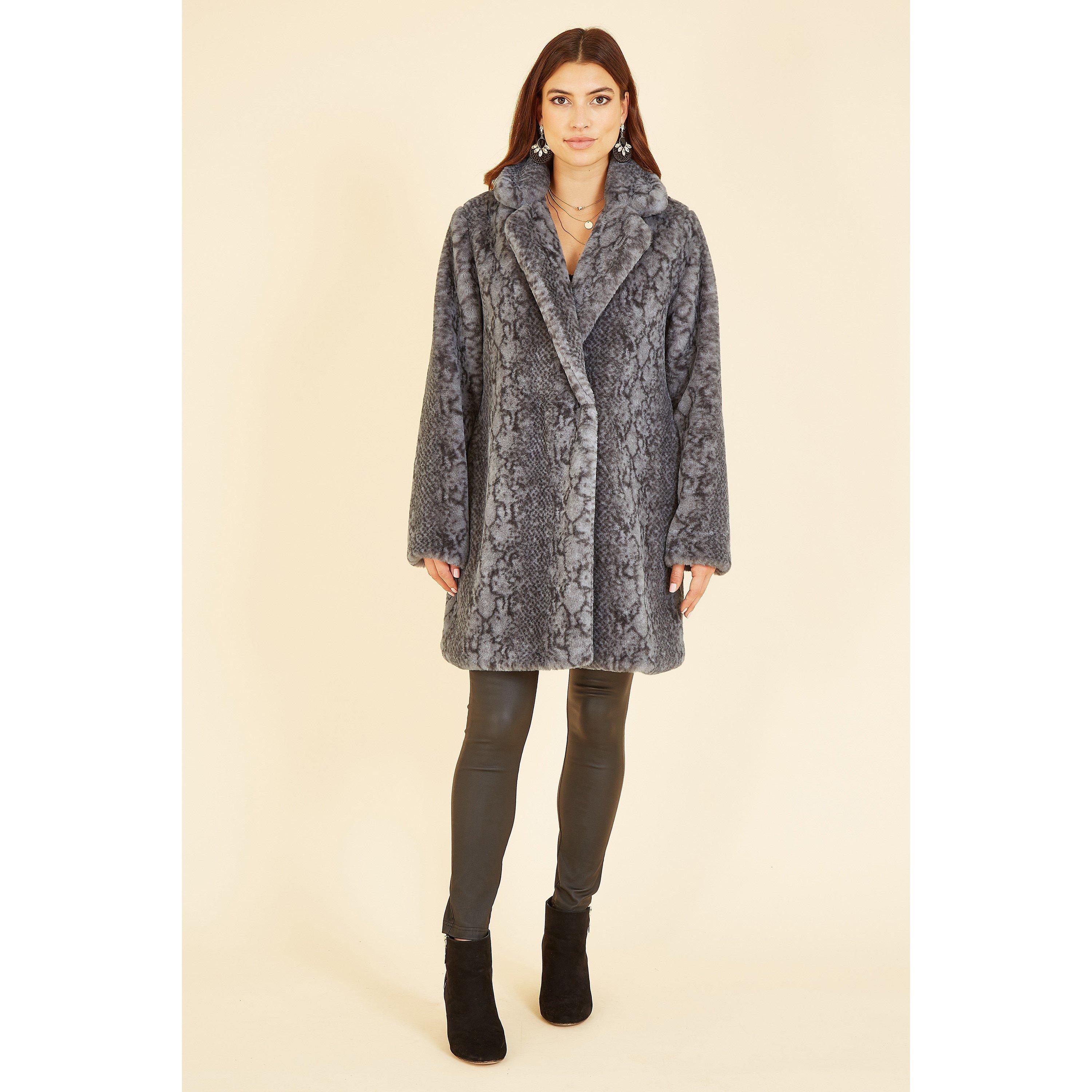 Grey - Yumi - Grey Snakeskin Print Faux Fur Coat - 2