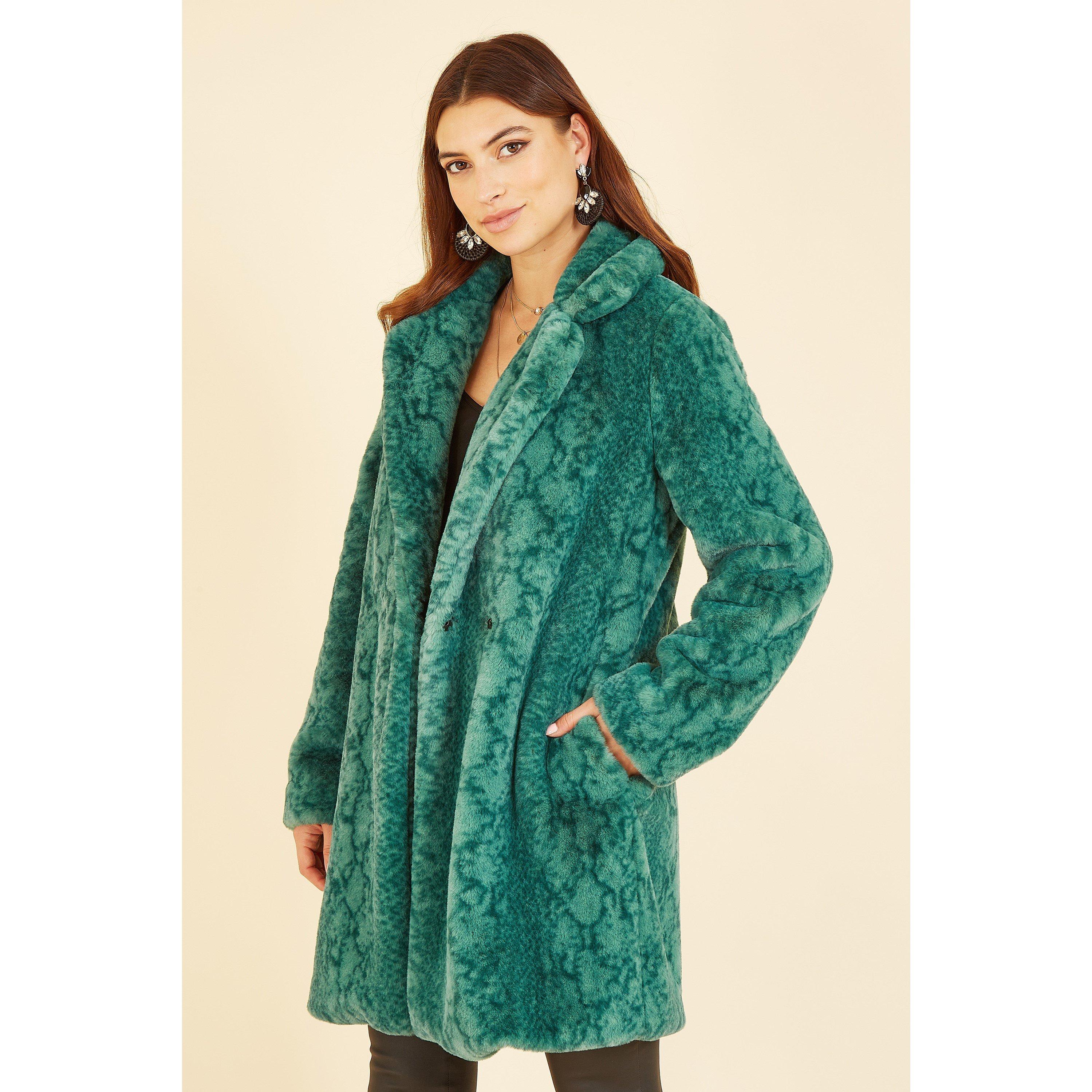 Green - Yumi - Women's Green Snakeskin Print Faux Fur Mid Thigh Coat - 1