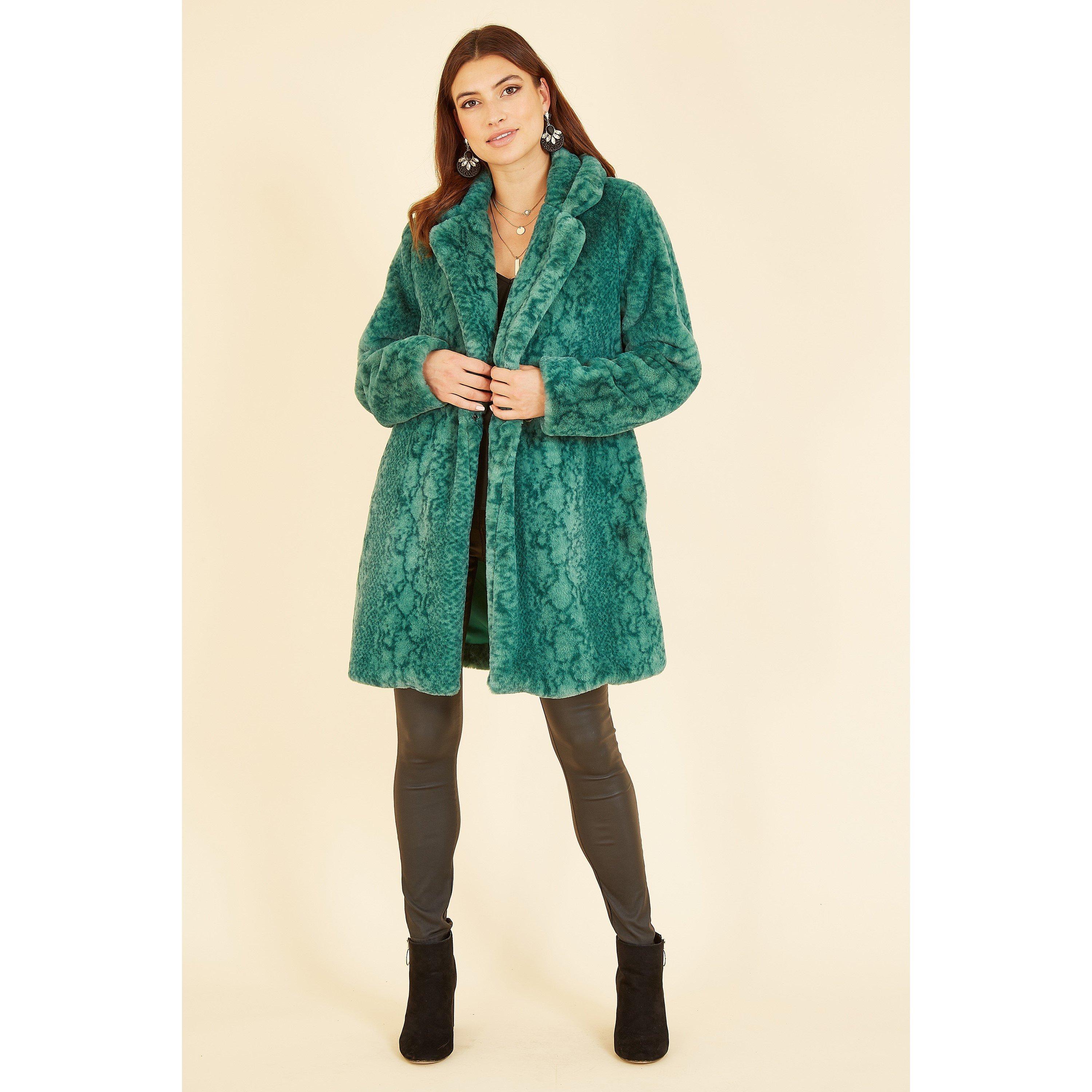 Green - Yumi - Women's  Green Snakeskin Print Faux Fur Mid Thigh Coat - 2
