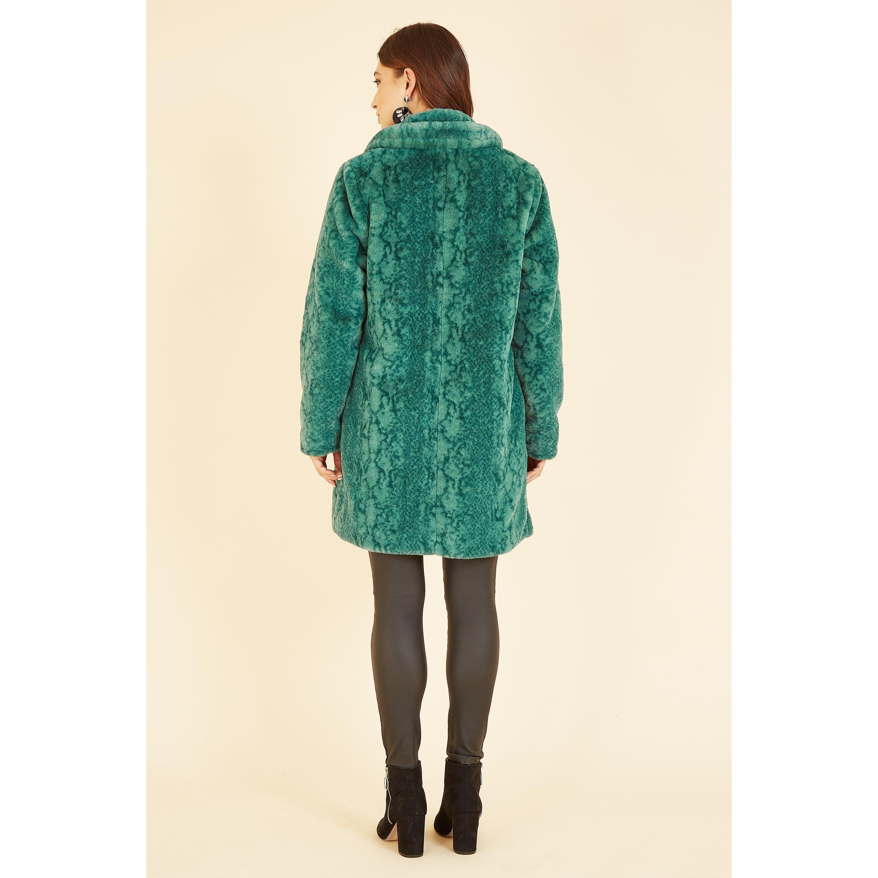 Green - Yumi - Women's  Green Snakeskin Print Faux Fur Mid Thigh Coat - 3