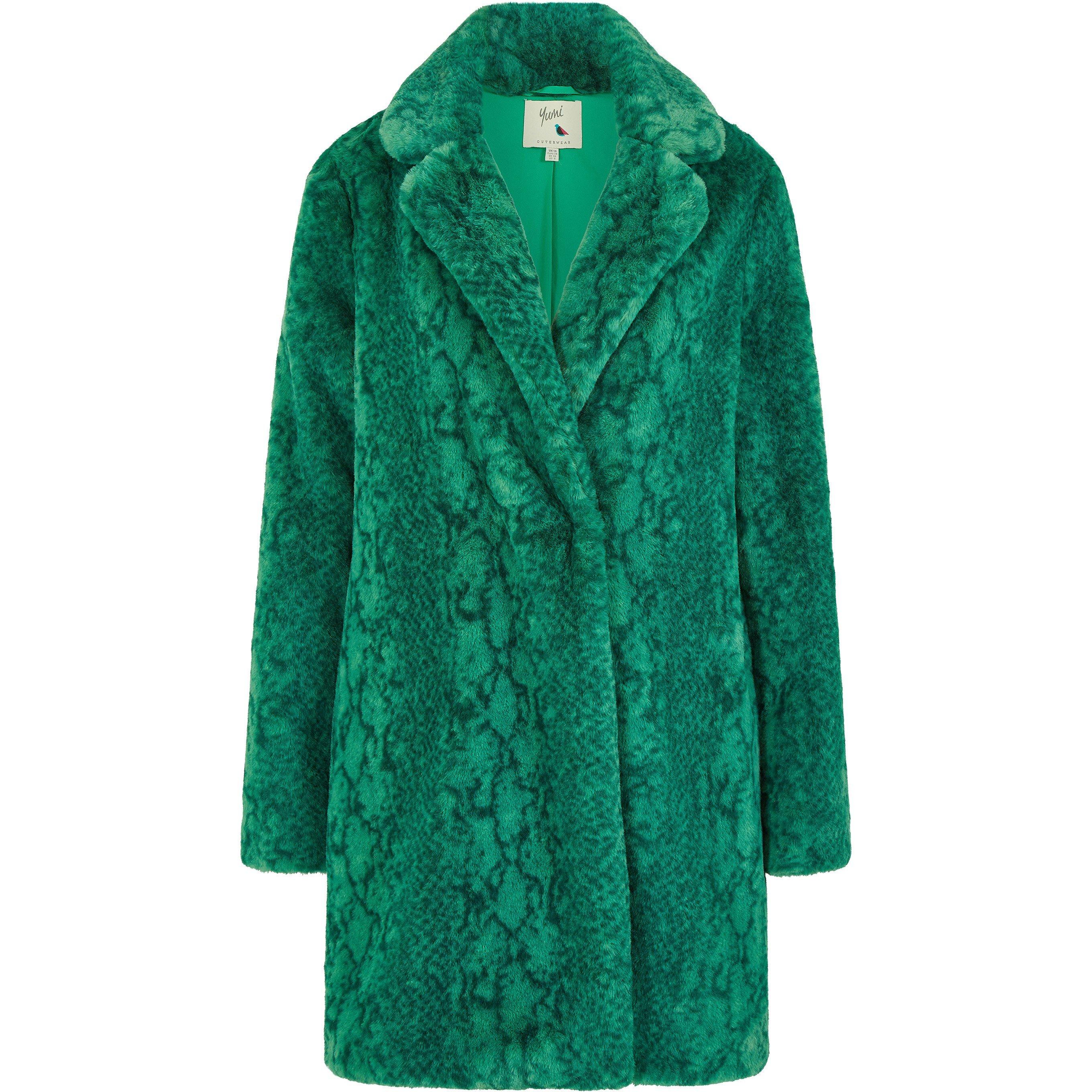 Green - Yumi - Women's  Green Snakeskin Print Faux Fur Mid Thigh Coat - 4