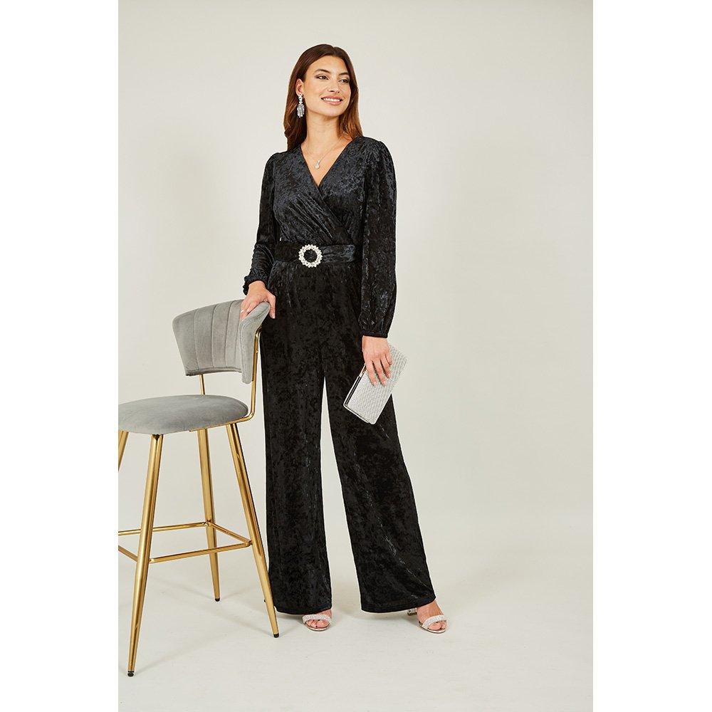 Black - Yumi - Black Velvet Jumpsuit With Diamanté Belt - 1