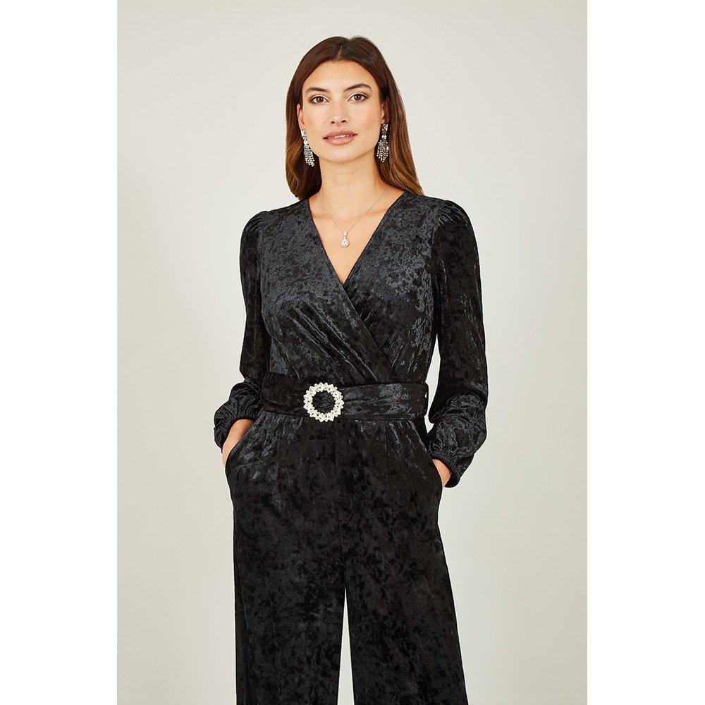 Black - Yumi - Black Velvet Jumpsuit With Diamanté Belt - 2