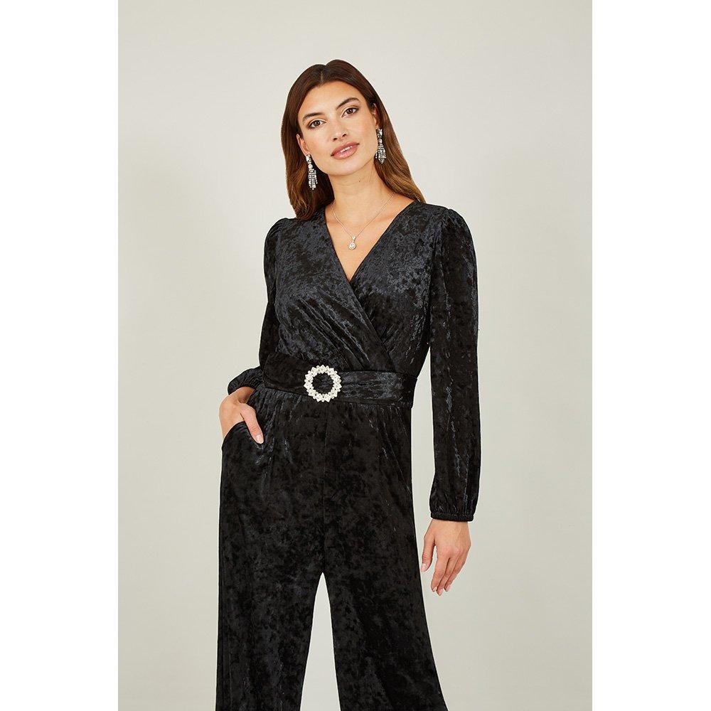 Black - Yumi - Black Velvet Jumpsuit With Diamanté Belt - 3
