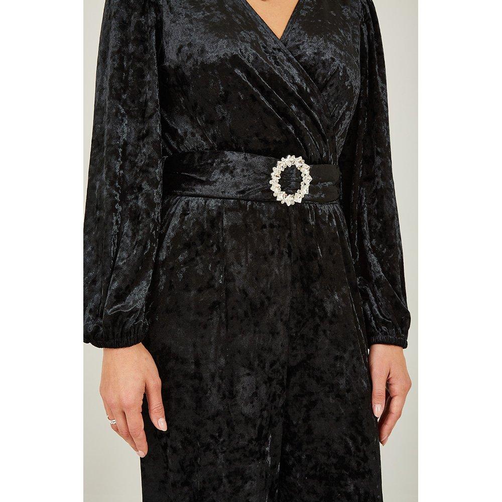 Black - Yumi - Black Velvet Jumpsuit With Diamanté Belt - 4