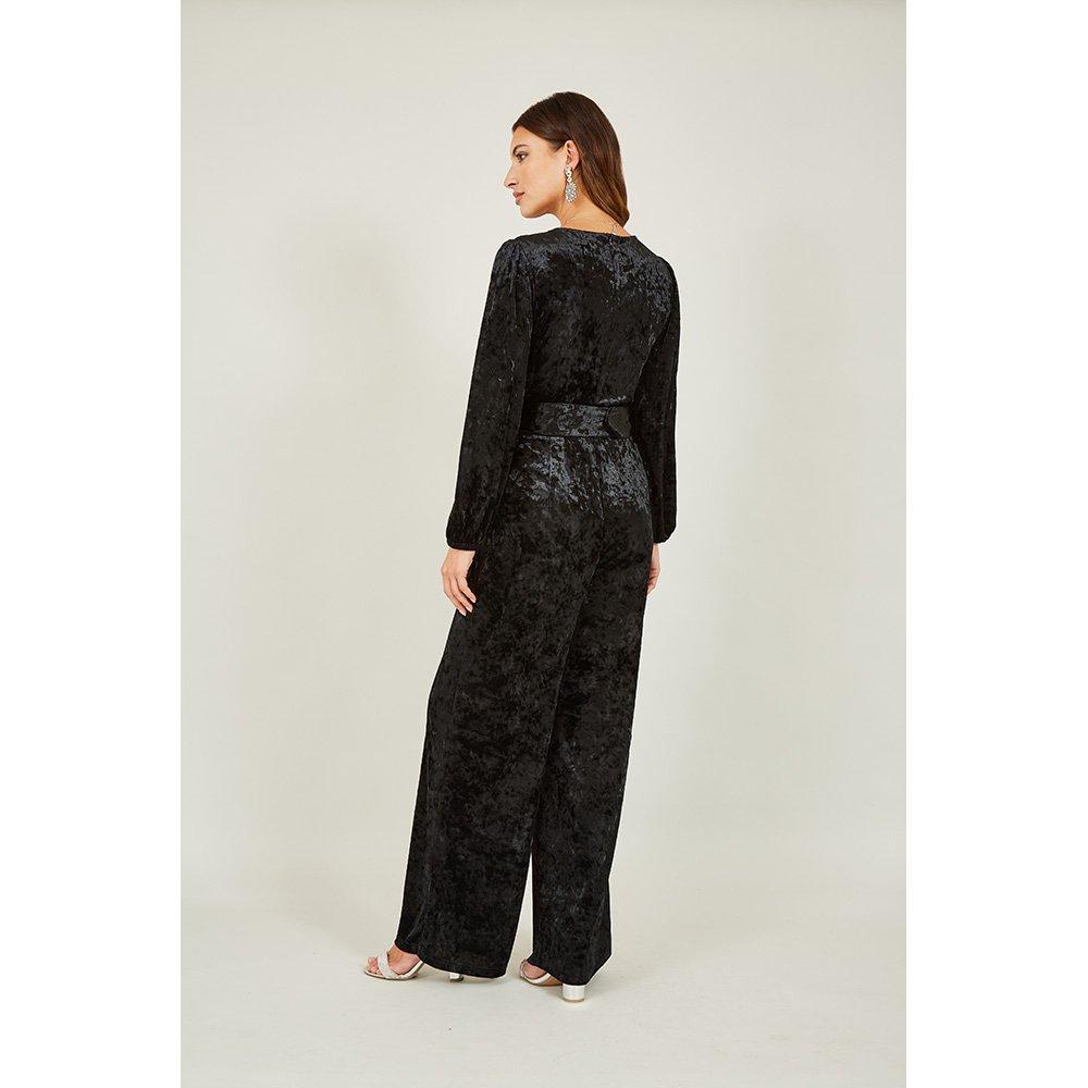 Black - Yumi - Black Velvet Jumpsuit With Diamanté Belt - 5