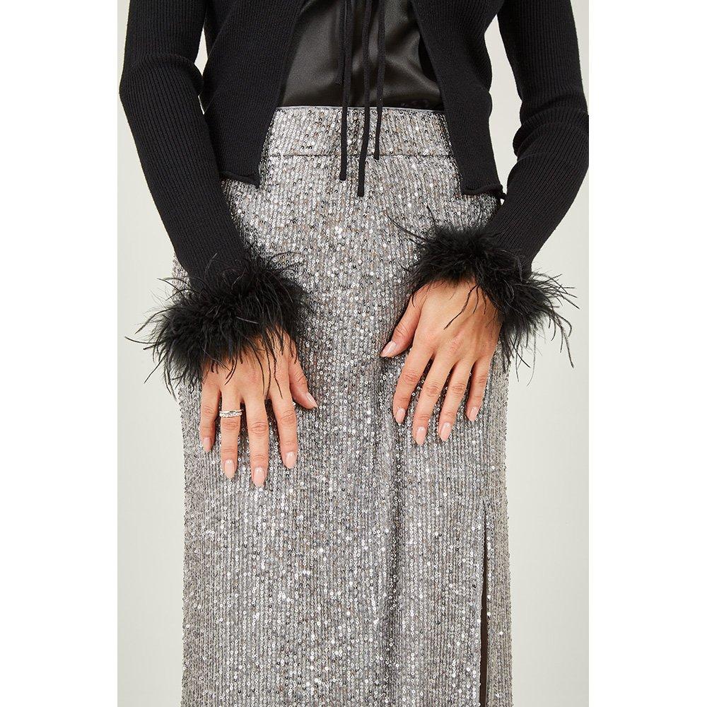 Black - Yumi - Black Ribbed Bolero With Feather Cuffs - 3