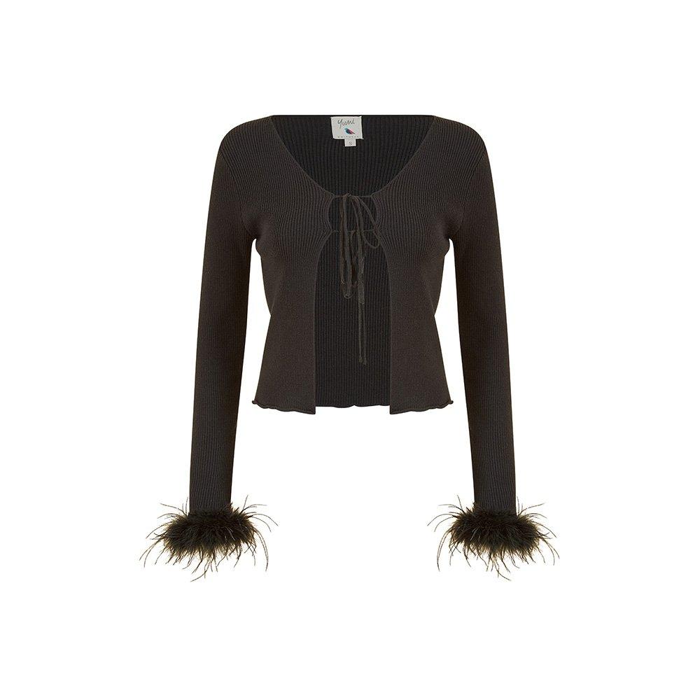 Black - Yumi - Black Ribbed Bolero With Feather Cuffs - 5