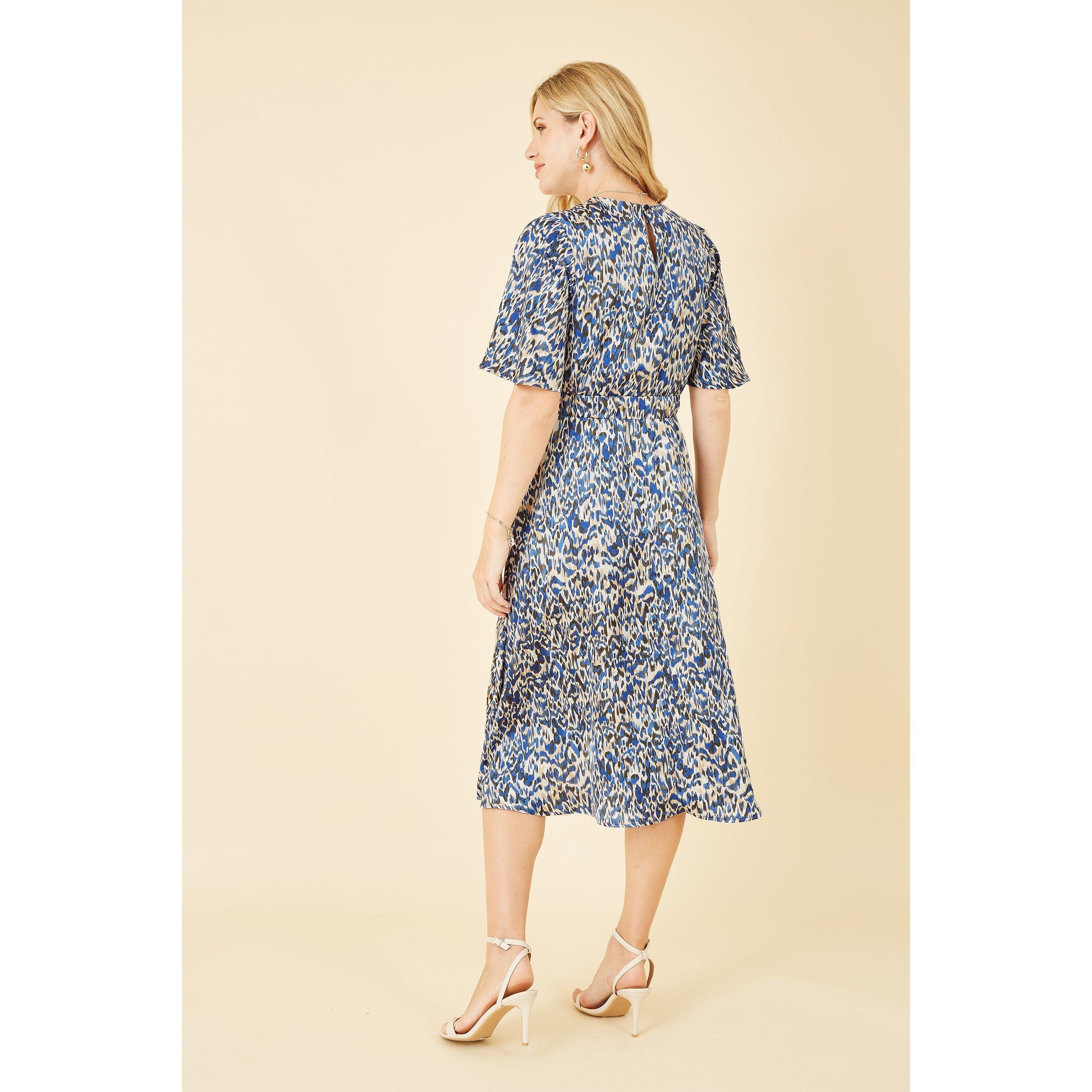 Blue - Yumi - Blue Animal Print Wrap Midi Skater Dress - 3