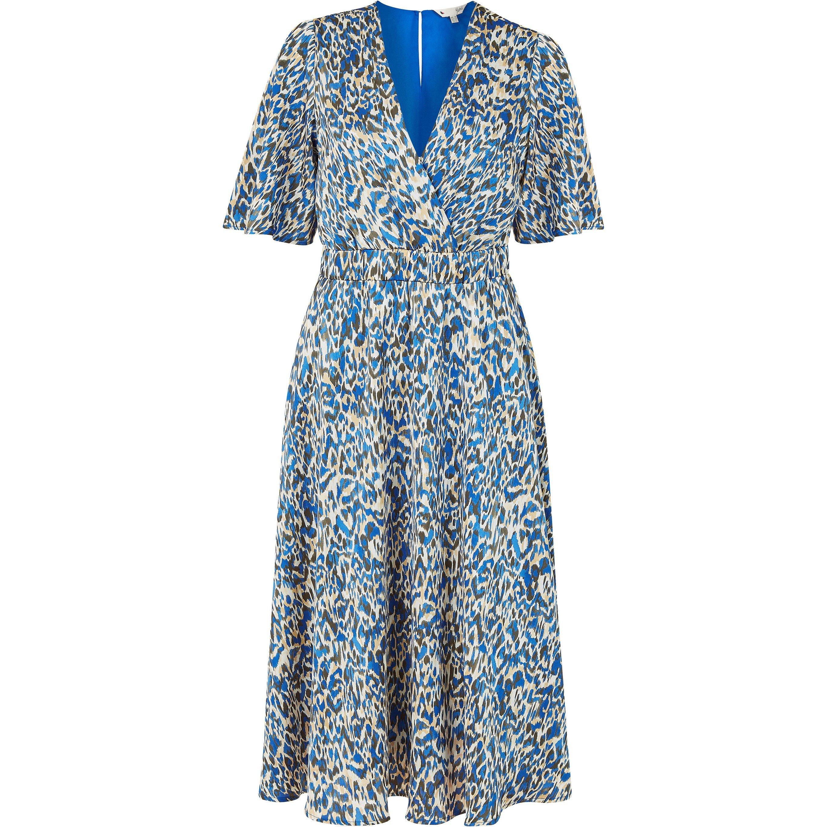 Blue - Yumi - Blue Animal Print Wrap Midi Skater Dress - 4