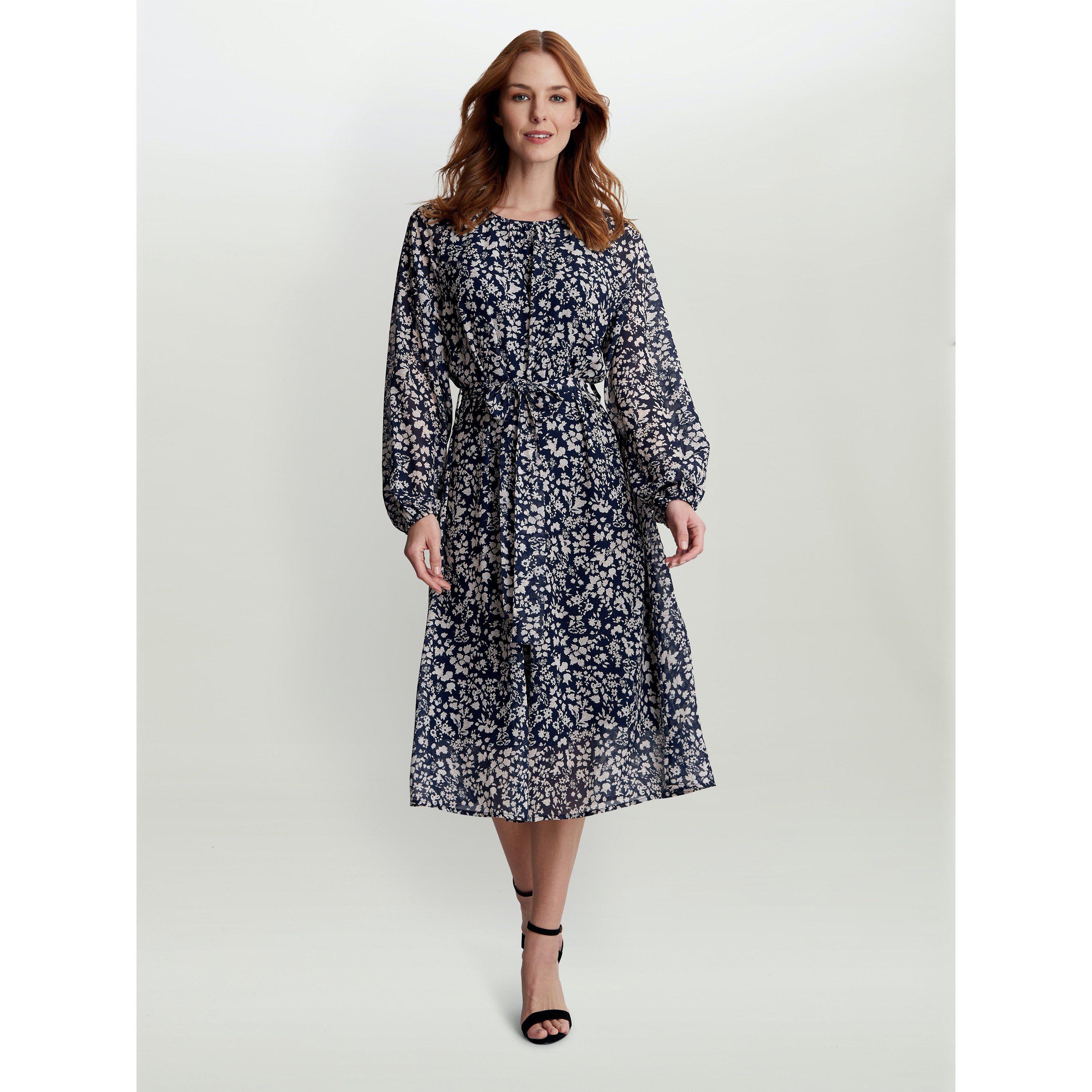 Navy / White - Gina Bacconi - Alaska Unwaisted Long Sleeve Dress - 3