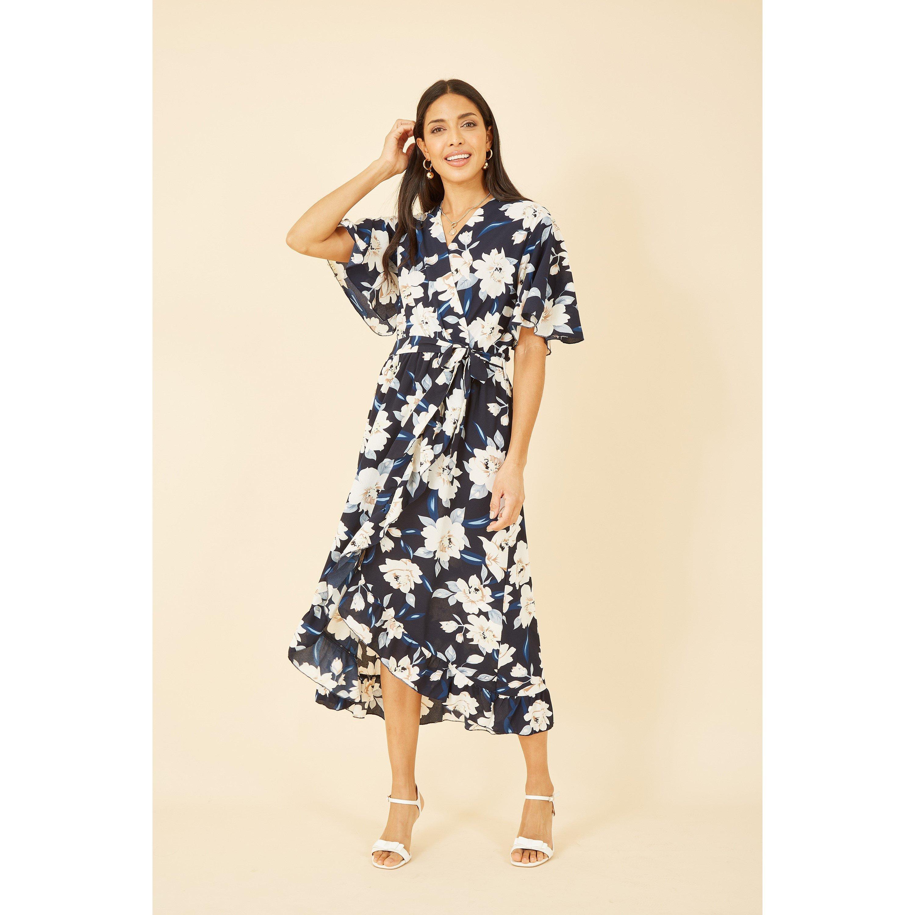 Navy - Mela London - Navy Floral Print Midi Wrap Dress - 2