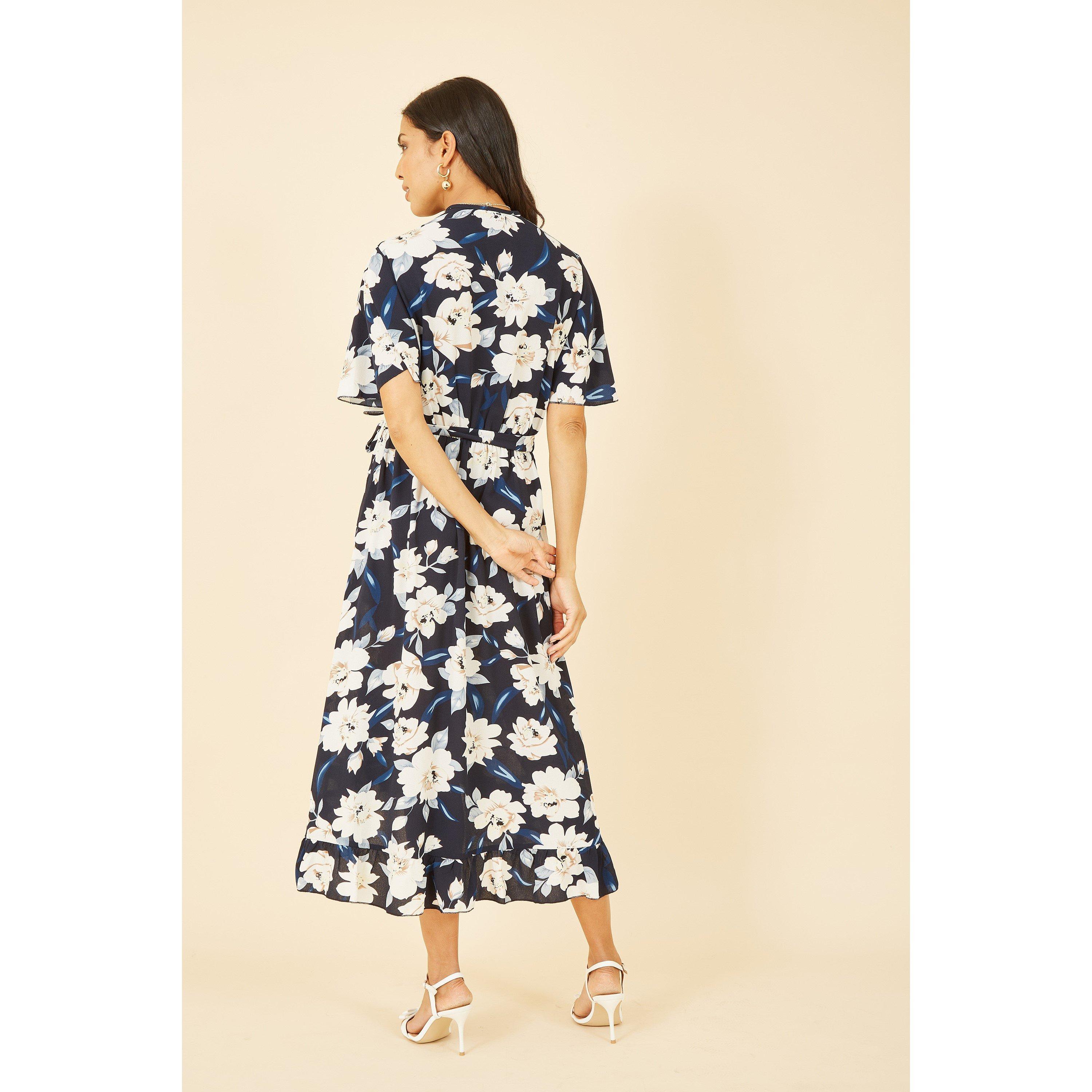 Navy - Mela London - Navy Floral Print Midi Wrap Dress - 3