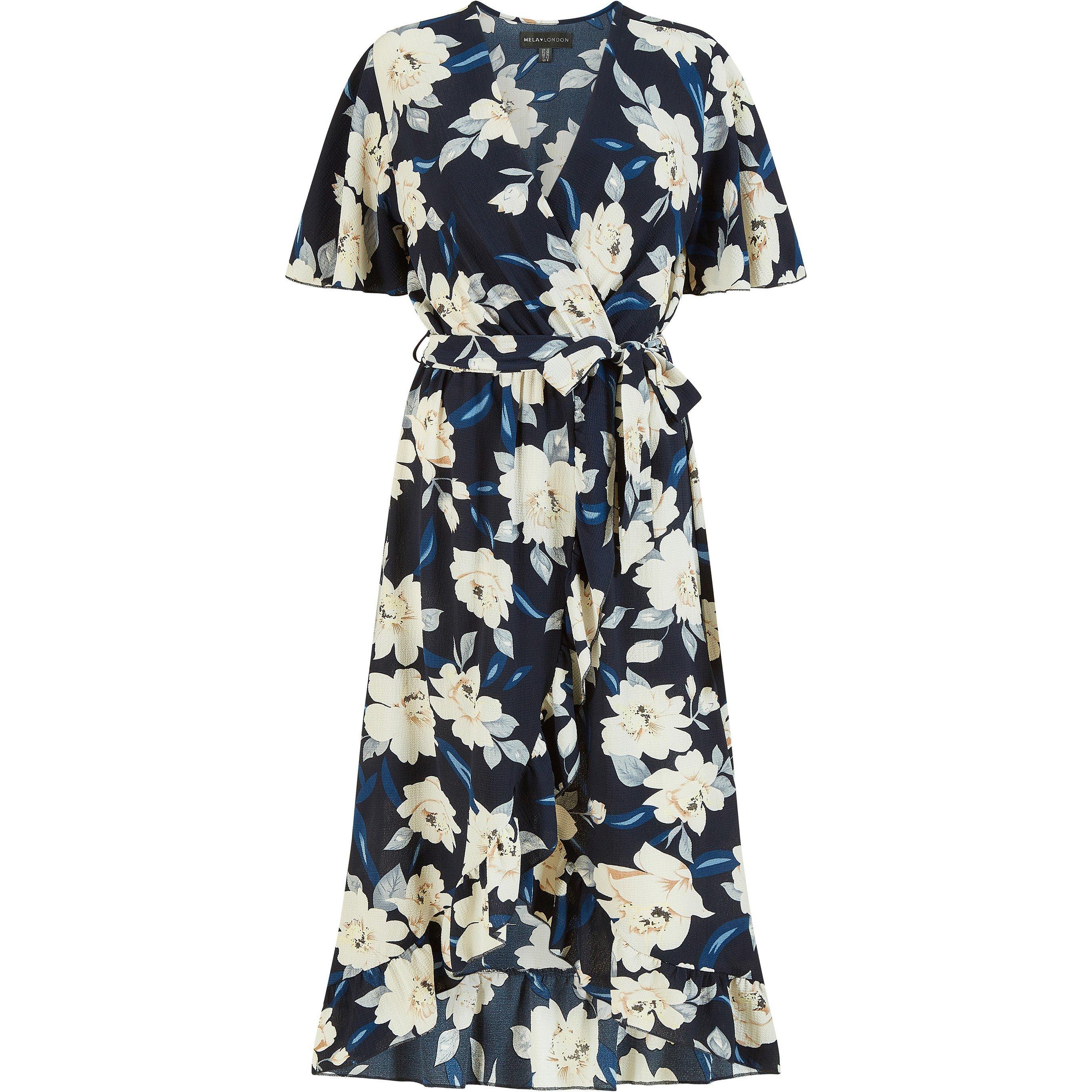 Navy - Mela London - Navy Floral Print Midi Wrap Dress - 4