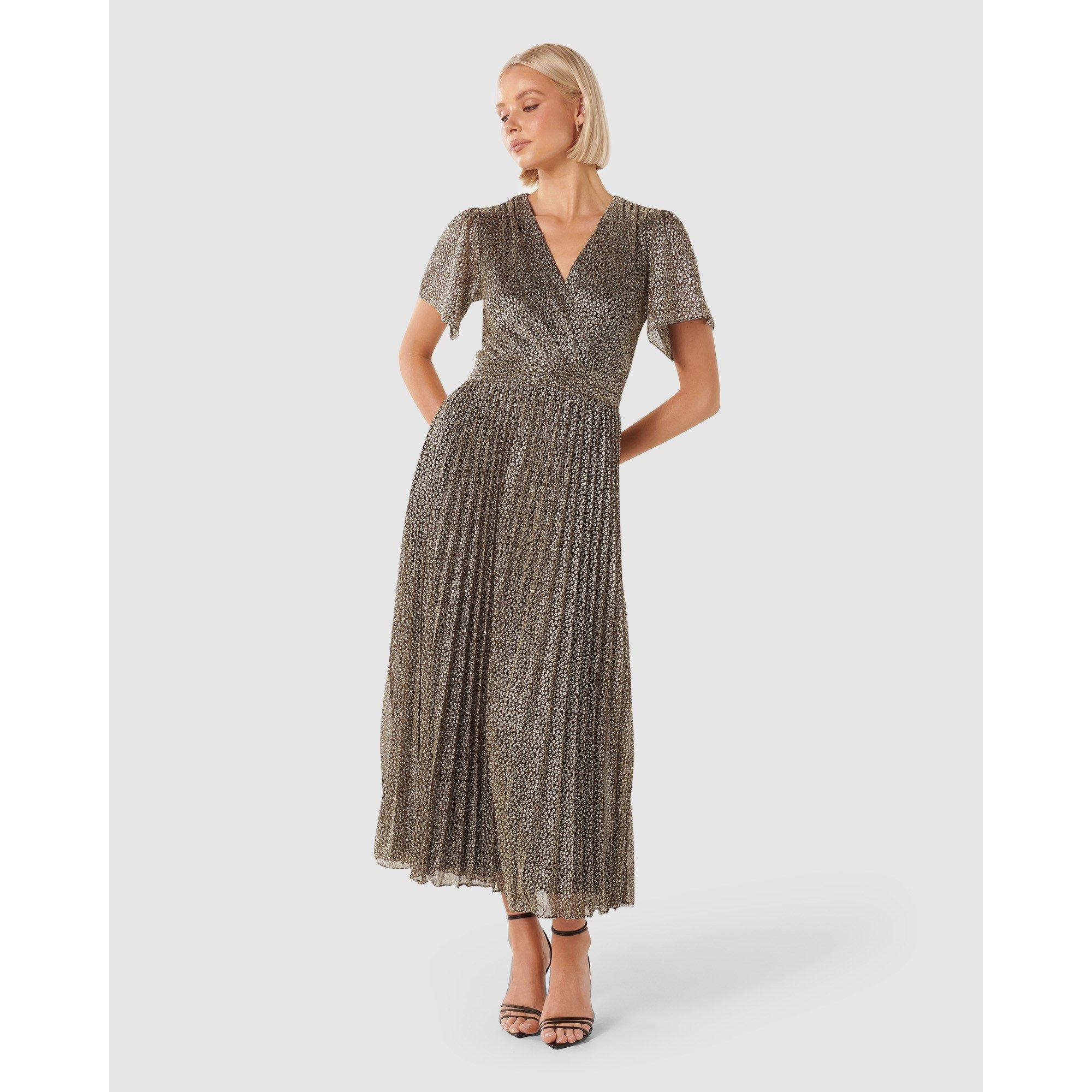 Black/Gold - Forever New - Devyn Flutter Sleeve Plisse Midi Dress - 1