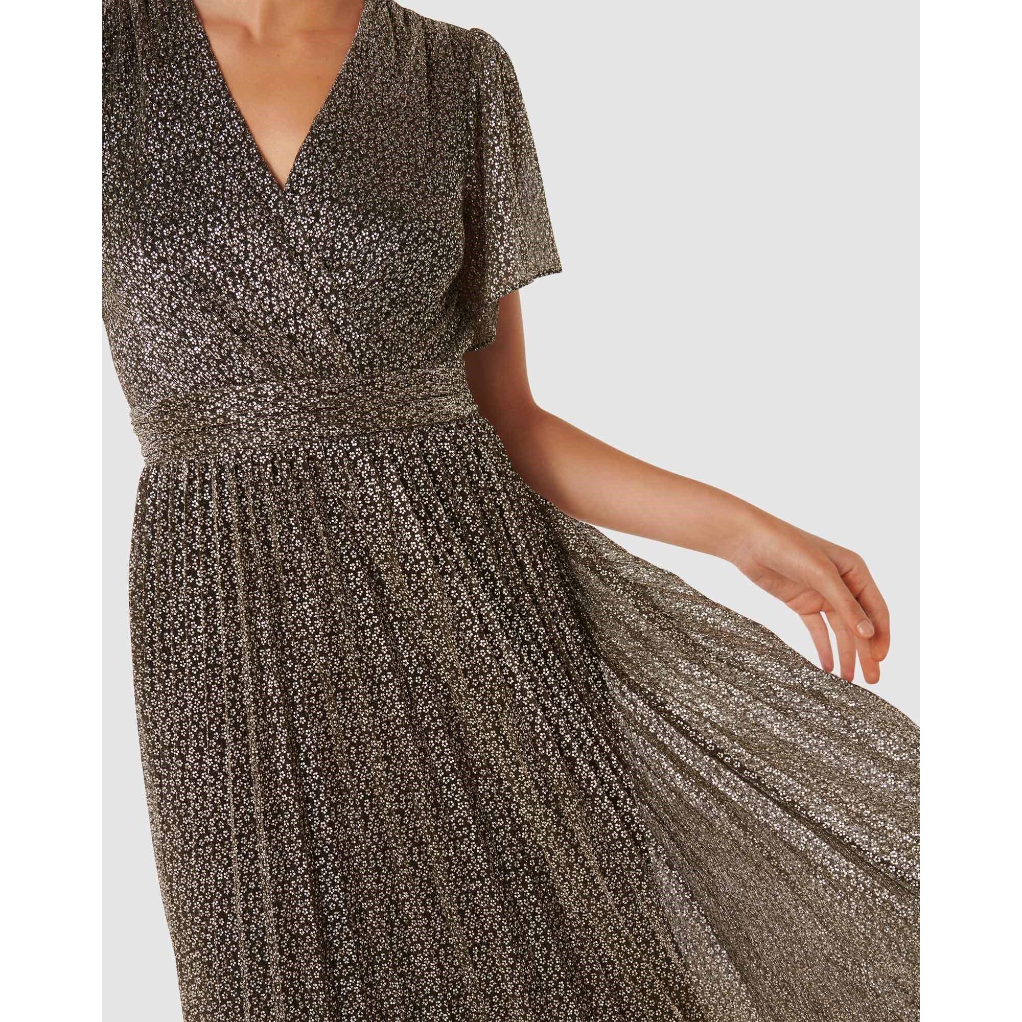 Black/Gold - Forever New - Devyn Flutter Sleeve Plisse Midi Dress - 2