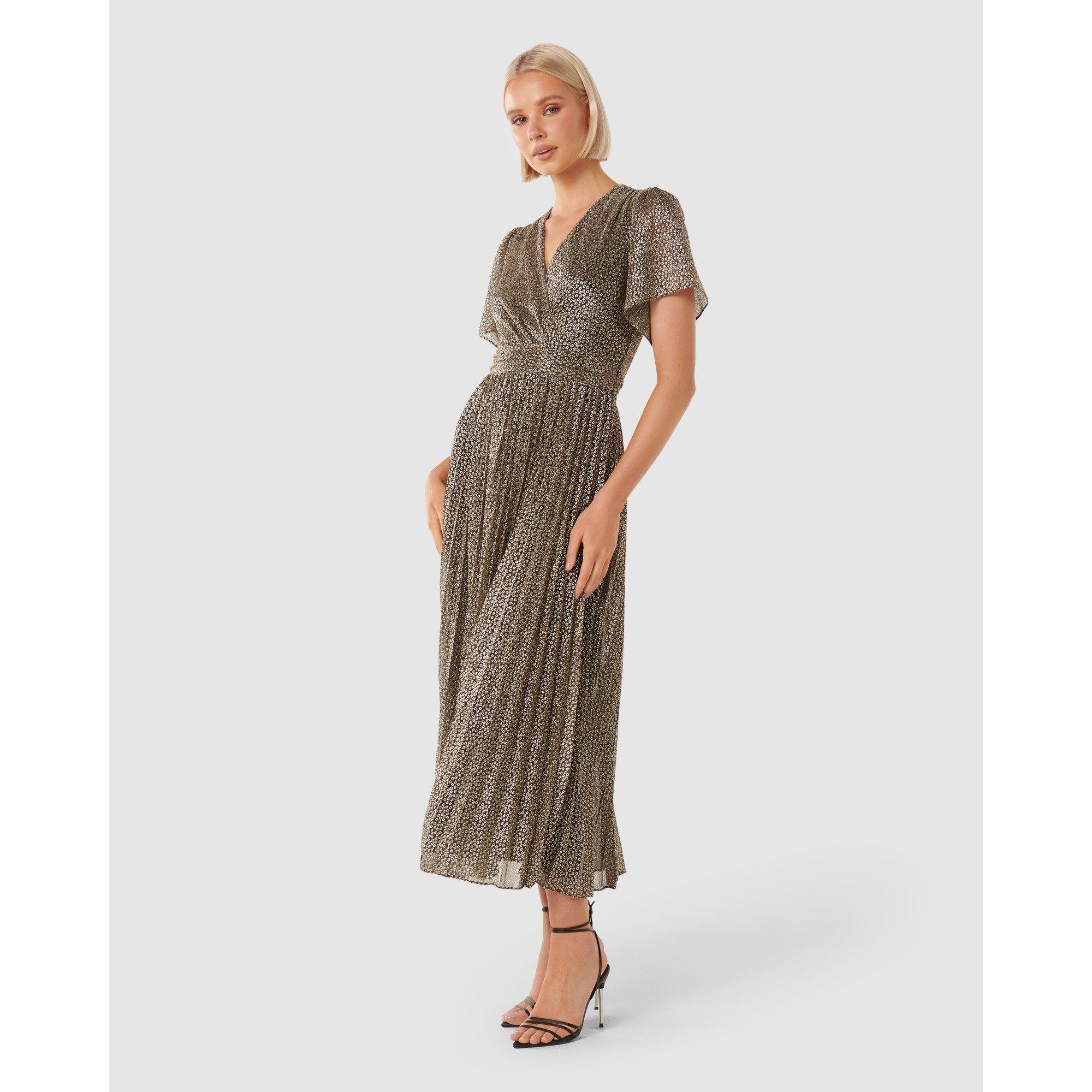 Black/Gold - Forever New - Devyn Flutter Sleeve Plisse Midi Dress - 3