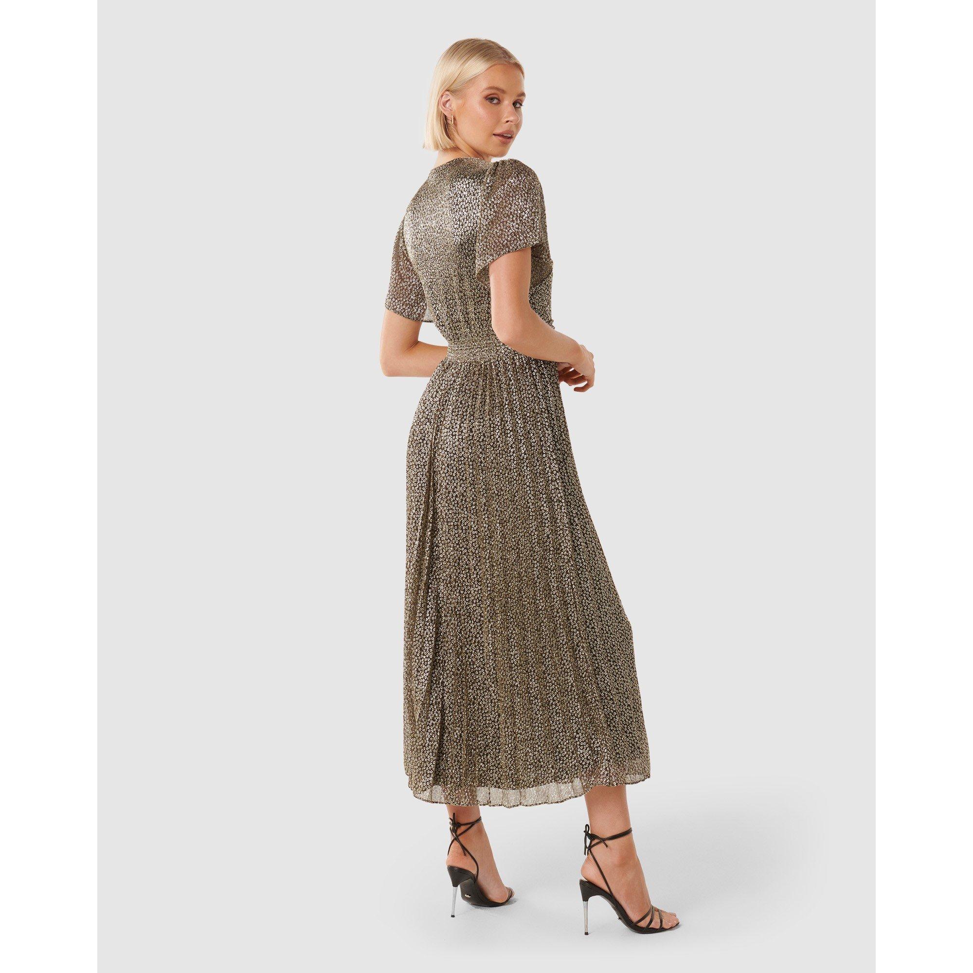 Black/Gold - Forever New - Devyn Flutter Sleeve Plisse Midi Dress - 4