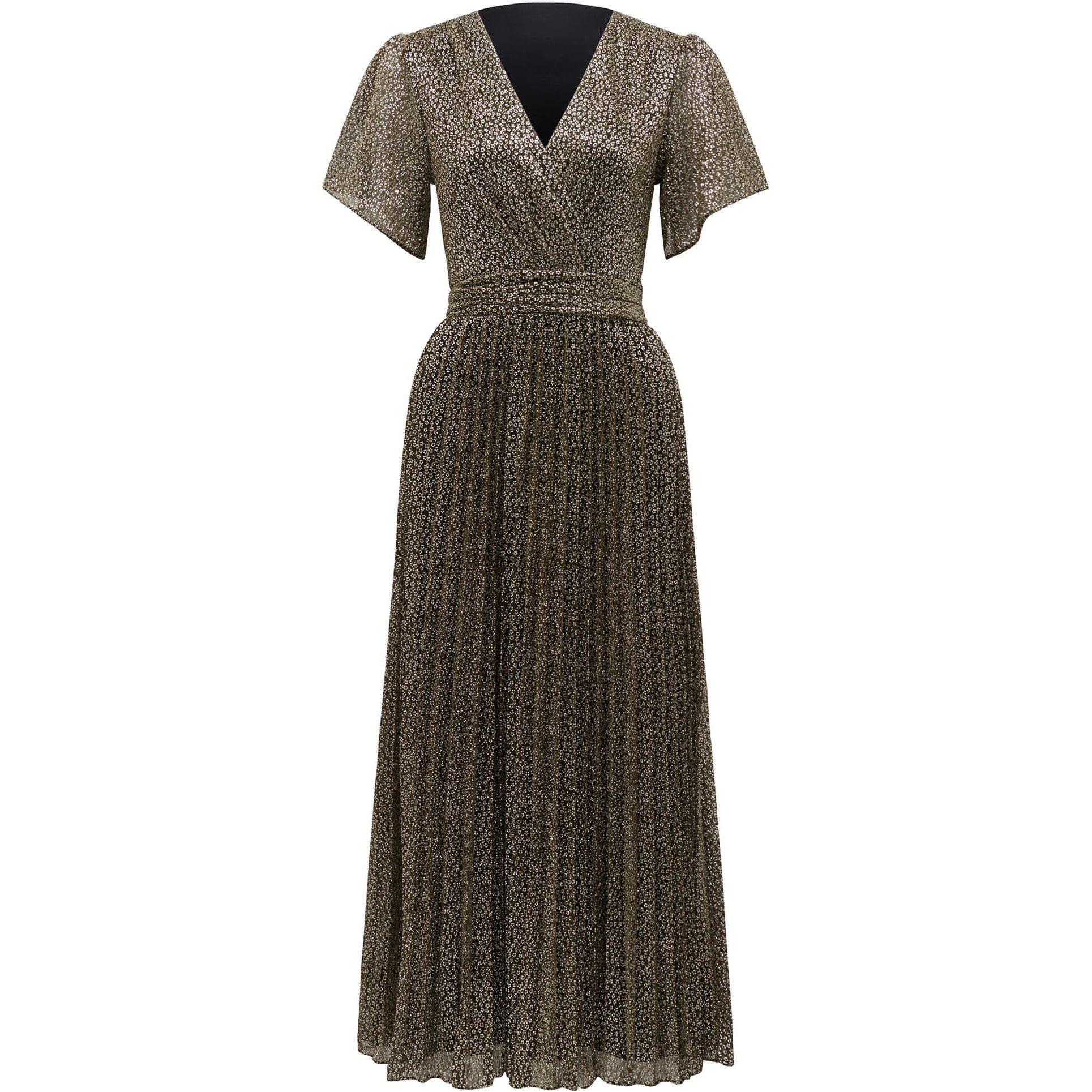 Black/Gold - Forever New - Devyn Flutter Sleeve Plisse Midi Dress - 5