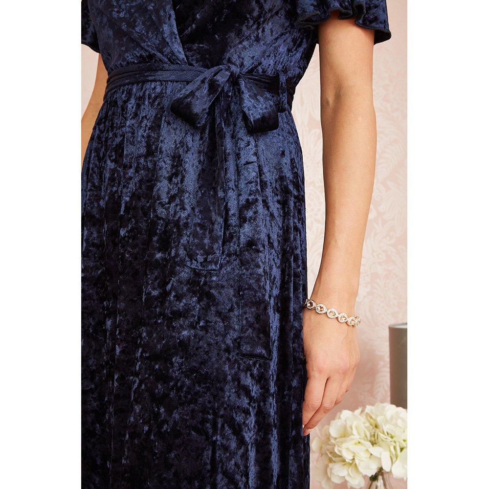 Navy - Yumi - Navy Velvet Wrap Over Midi Dress - 4