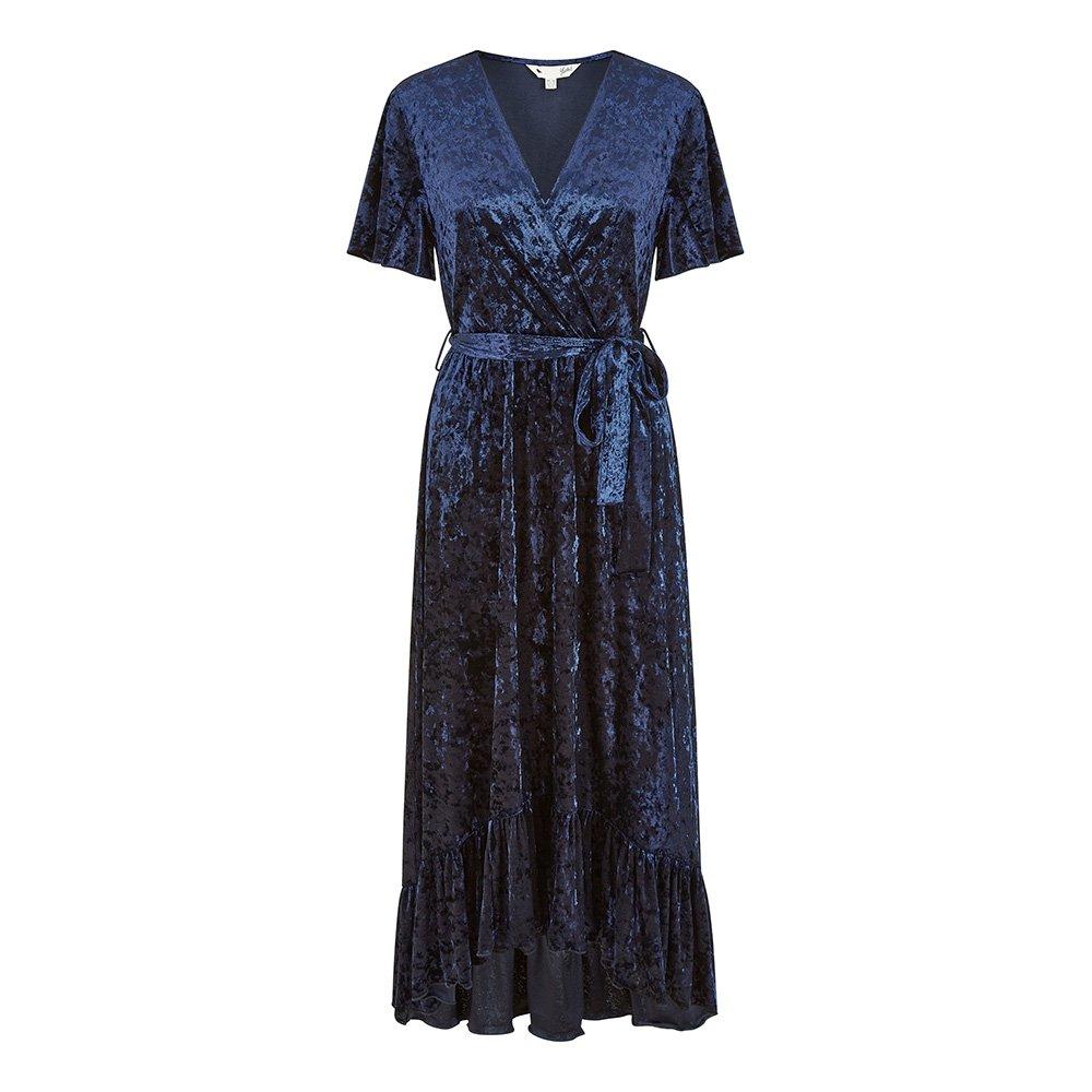 Navy - Yumi - Navy Velvet Wrap Over Midi Dress - 5