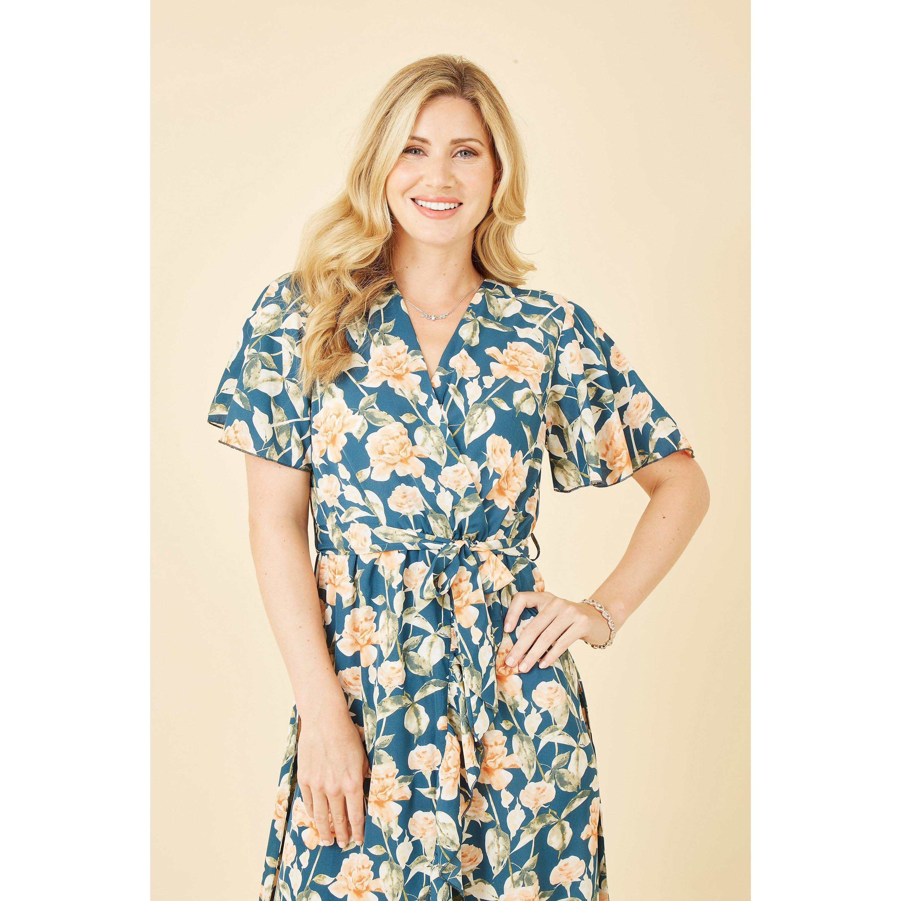 Teal - Mela London - Teal Floral Print Wrap Midi Dress - 2