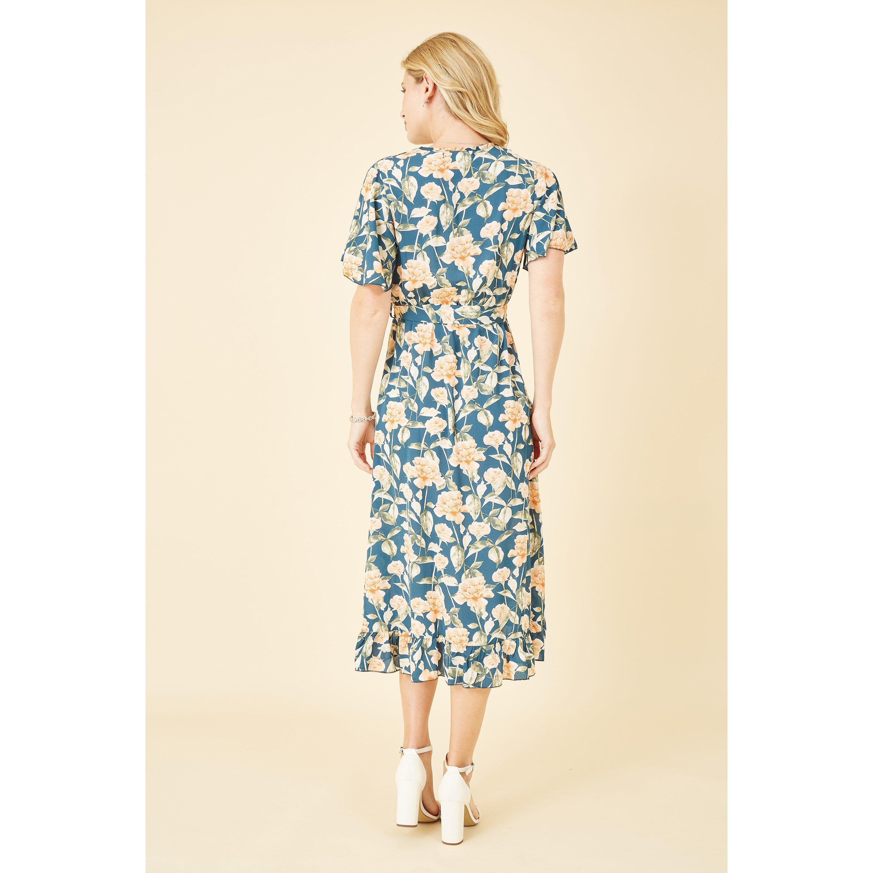 Teal - Mela London - Teal Floral Print Wrap Midi Dress - 3
