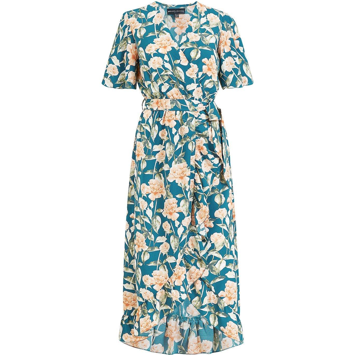 Teal - Mela London - Teal Floral Print Wrap Midi Dress - 4