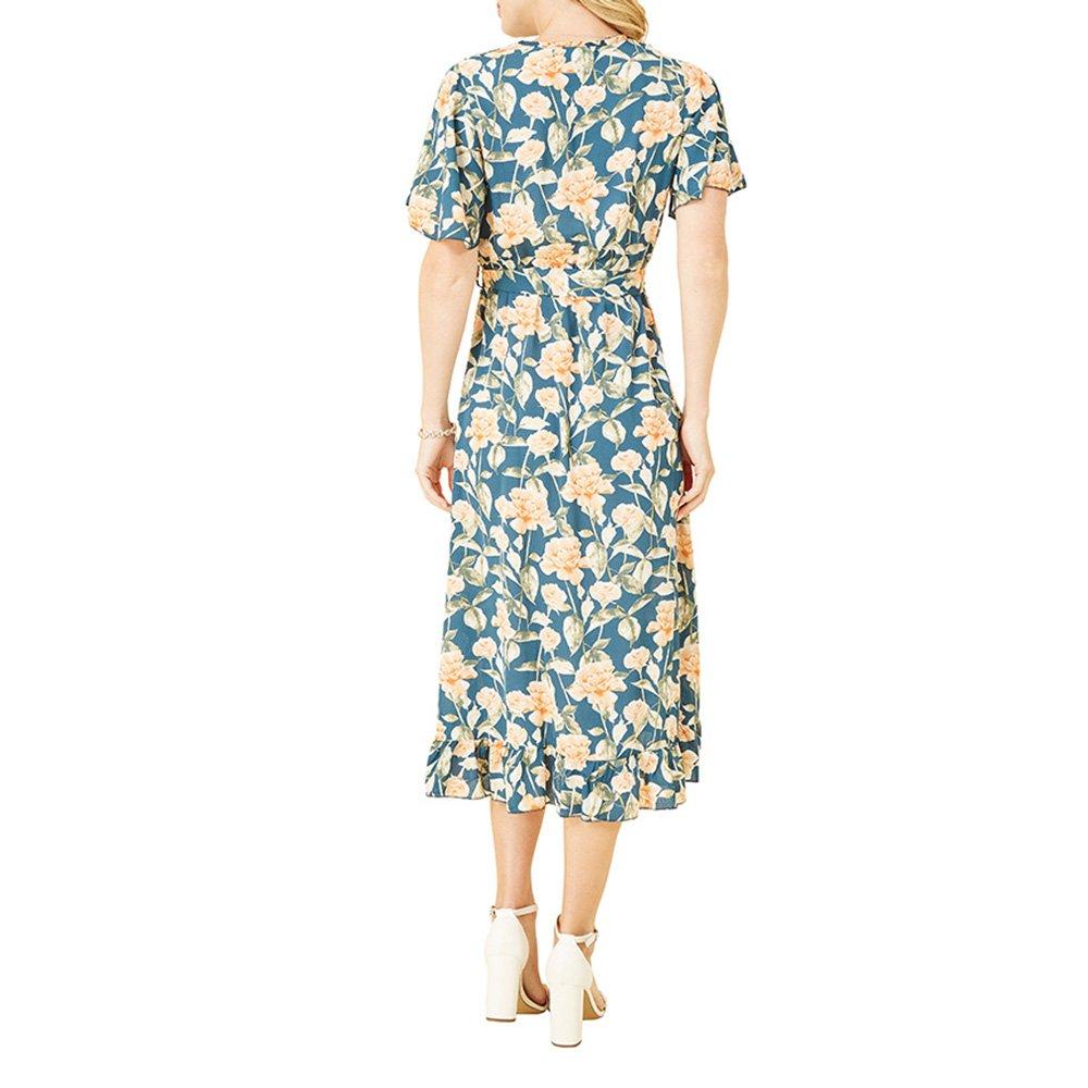 Teal - Mela London - Teal Floral Print Wrap Midi Dress - 5