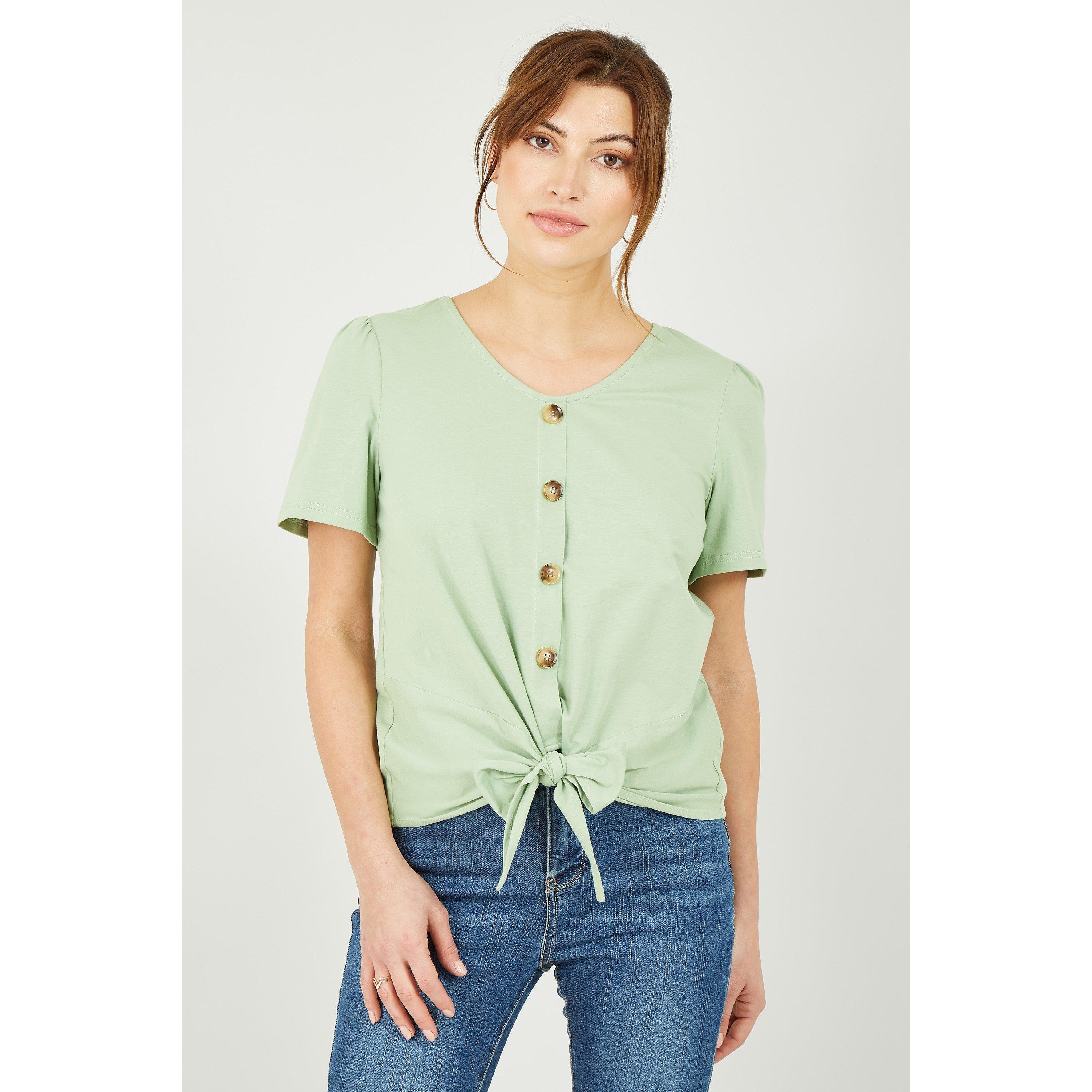 Green - Yumi - Green Button Tie Jersey T-Shirt - 1
