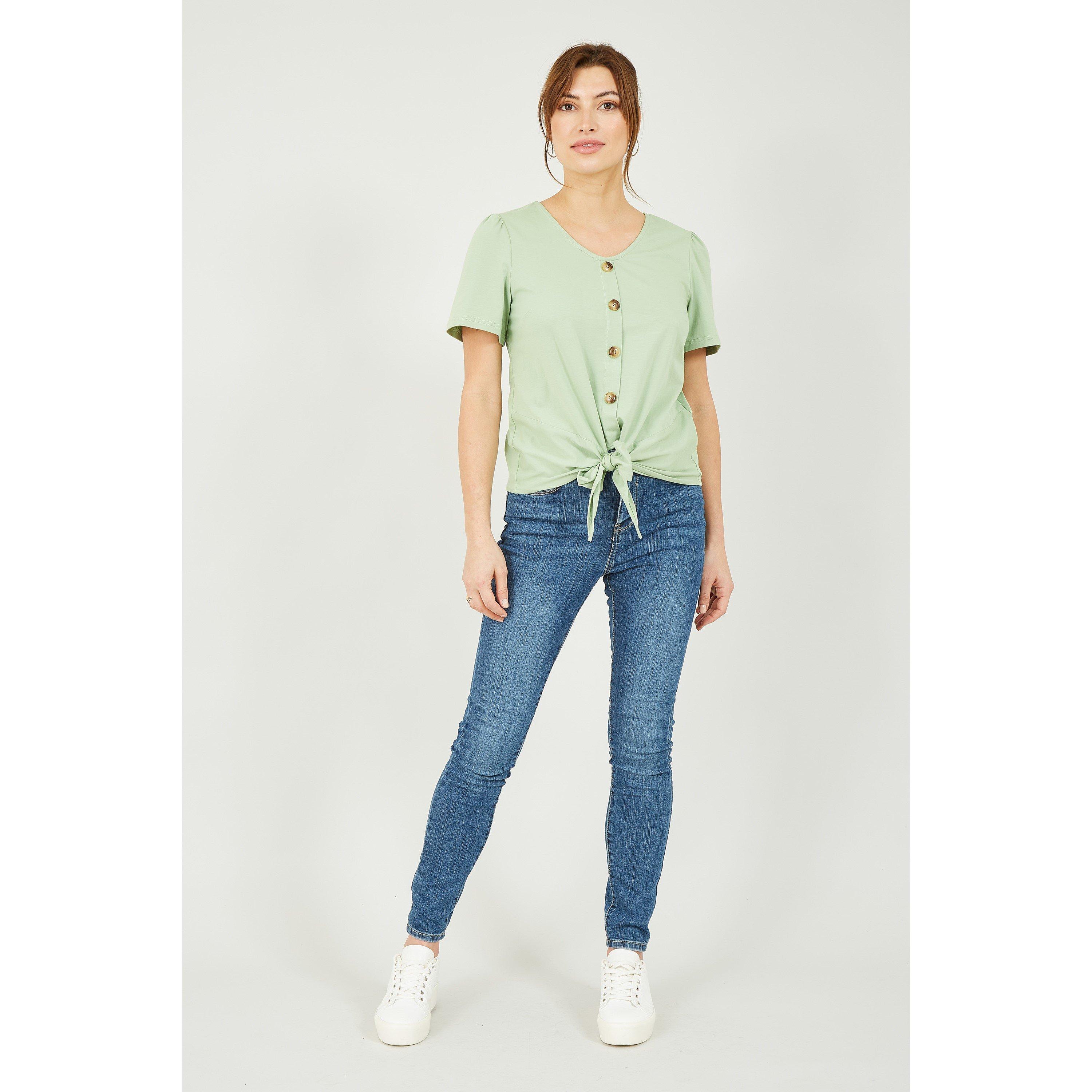 Green - Yumi - Green Button Tie Jersey T-Shirt - 2