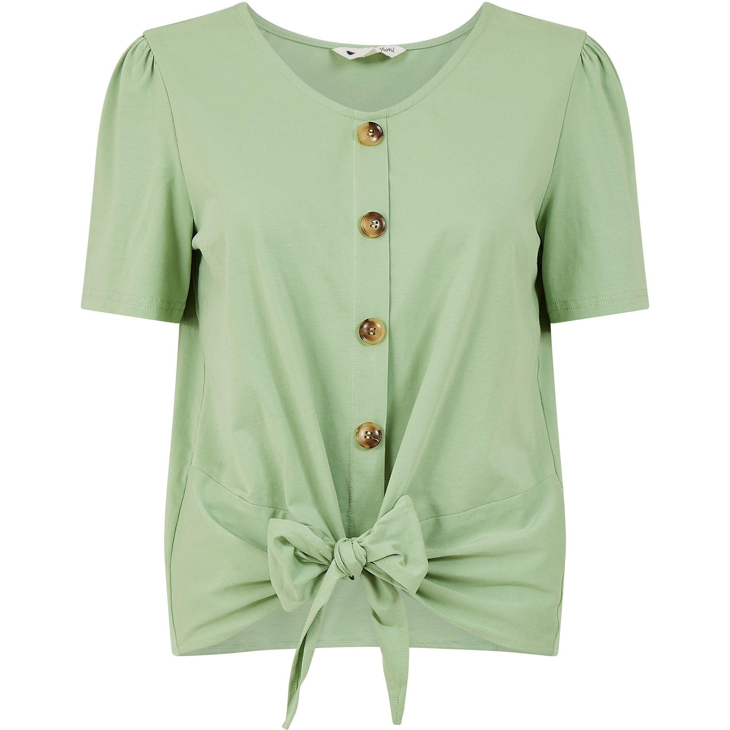 Green - Yumi - Green Button Tie Jersey T-Shirt - 4