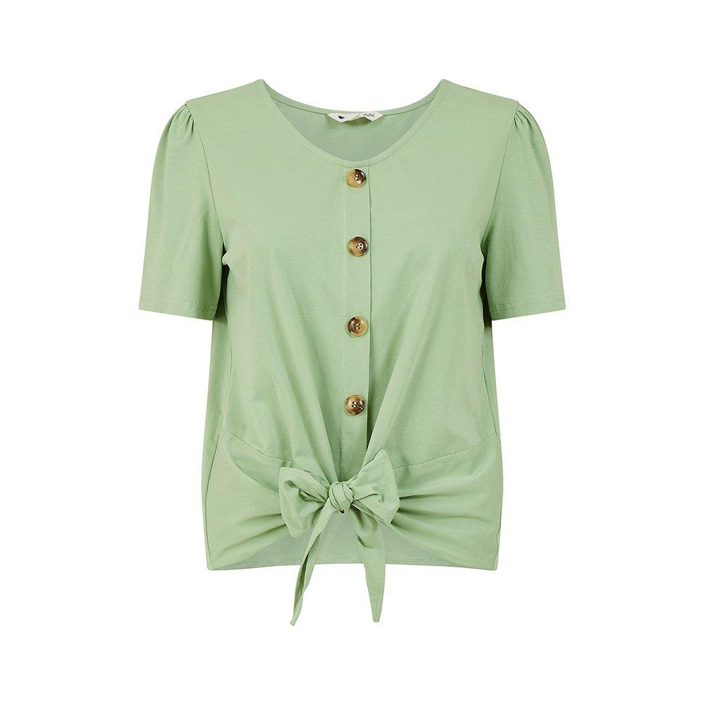 Green - Yumi - Green Button Tie Jersey T-Shirt - 5