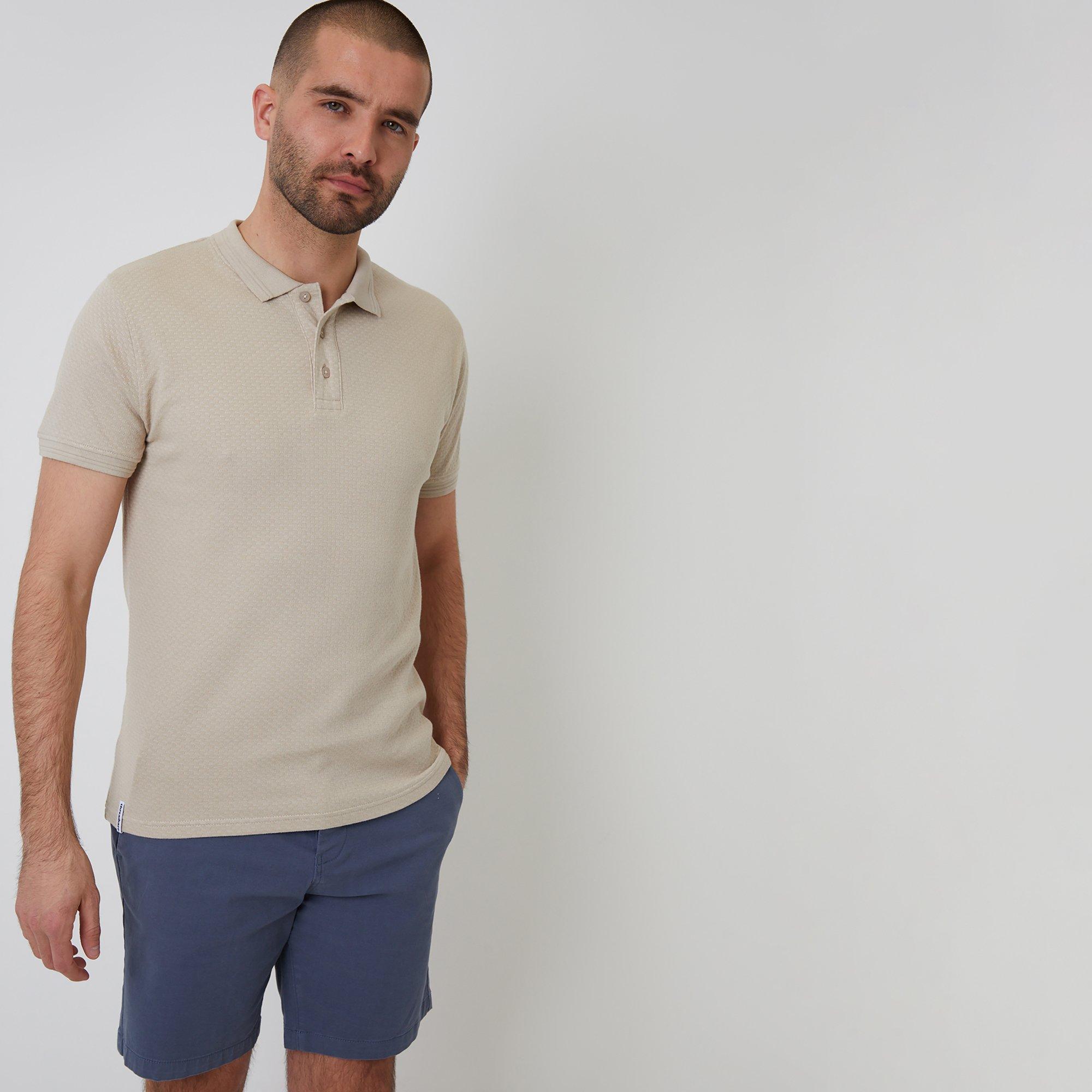Threadbare Men's Textured Cotton Short Sleeve Polo Shirt - Stone - L