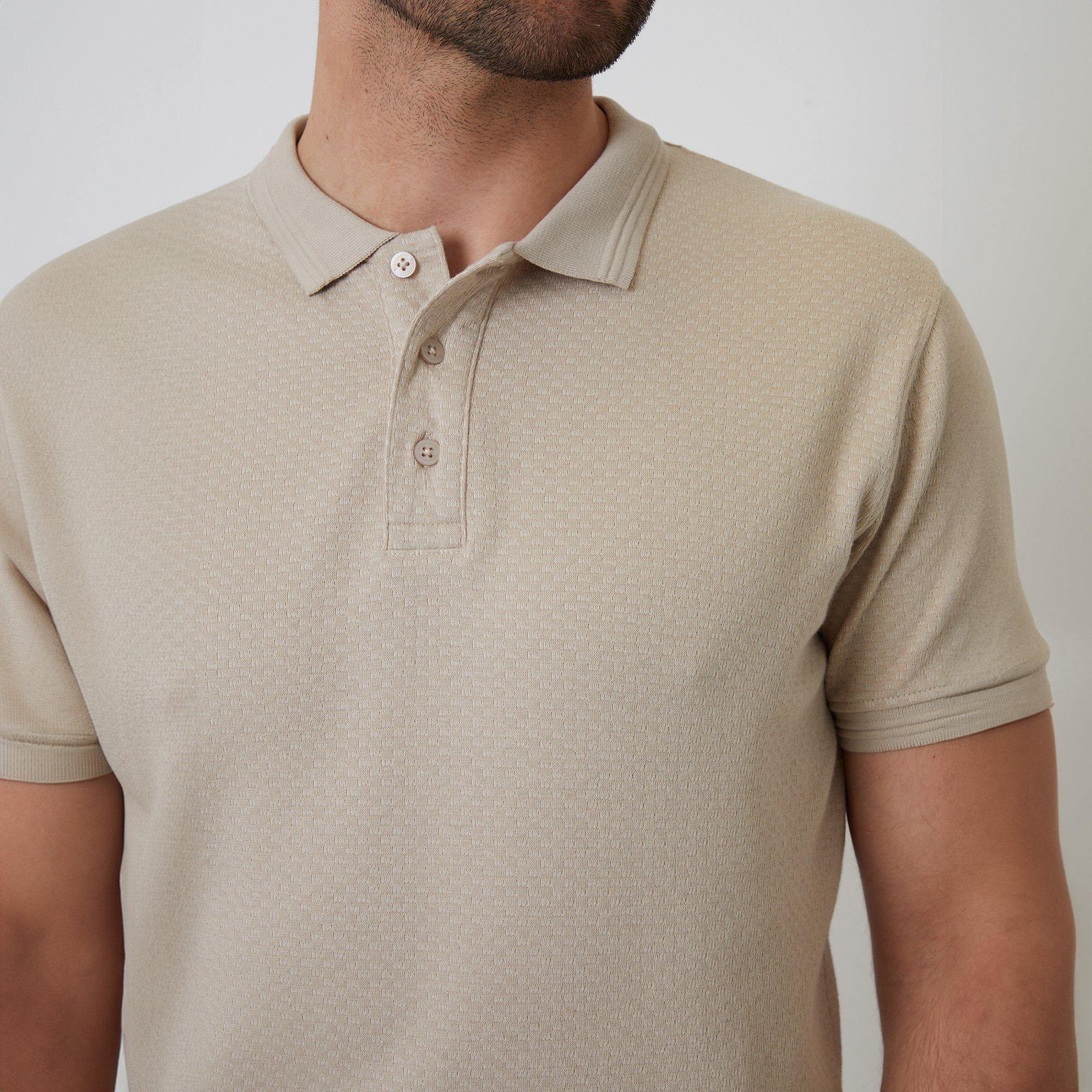 Stone - Threadbare - Textured Cotton Short Sleeve Polo Shirt - 4