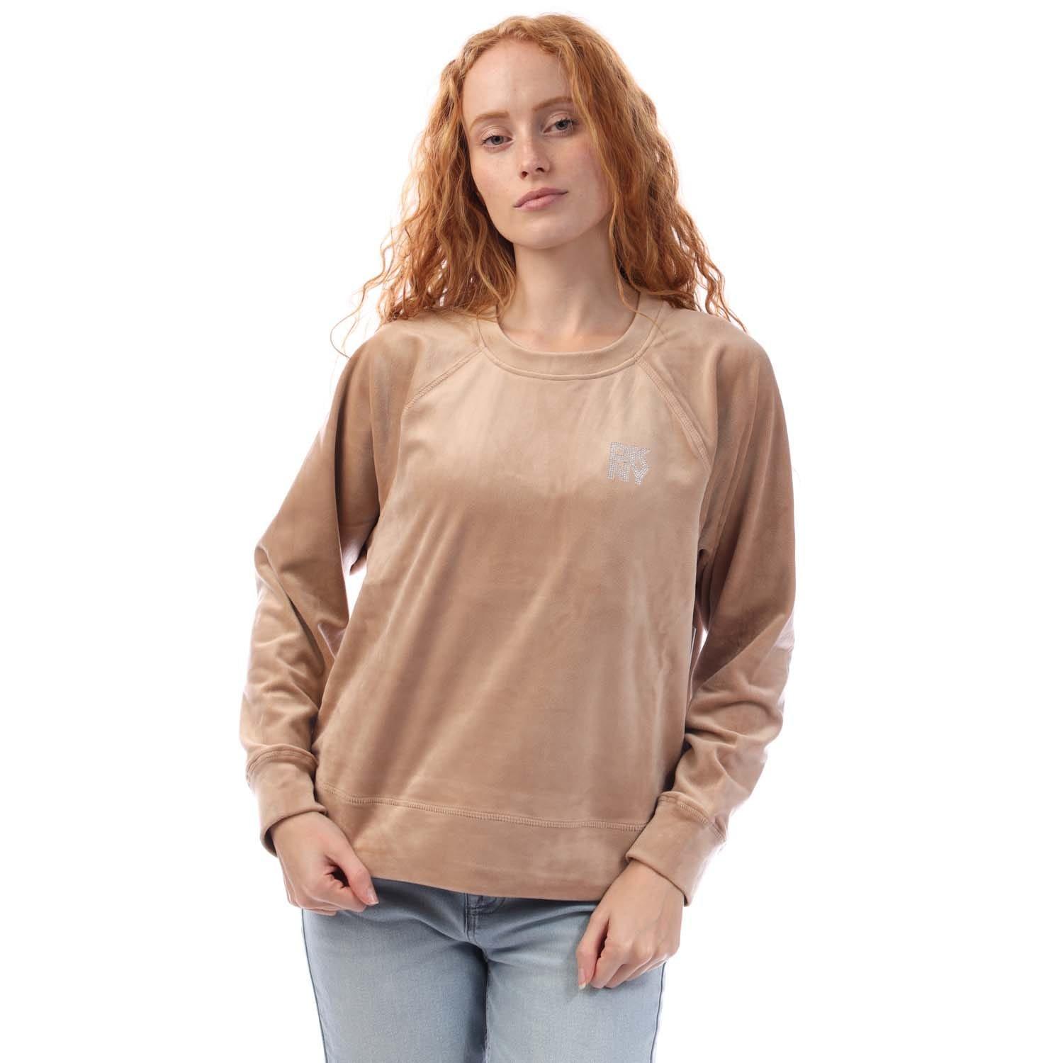Beige - DKNY - Rhinestone Velour Logo Crew Neck Sweatshirt - 1