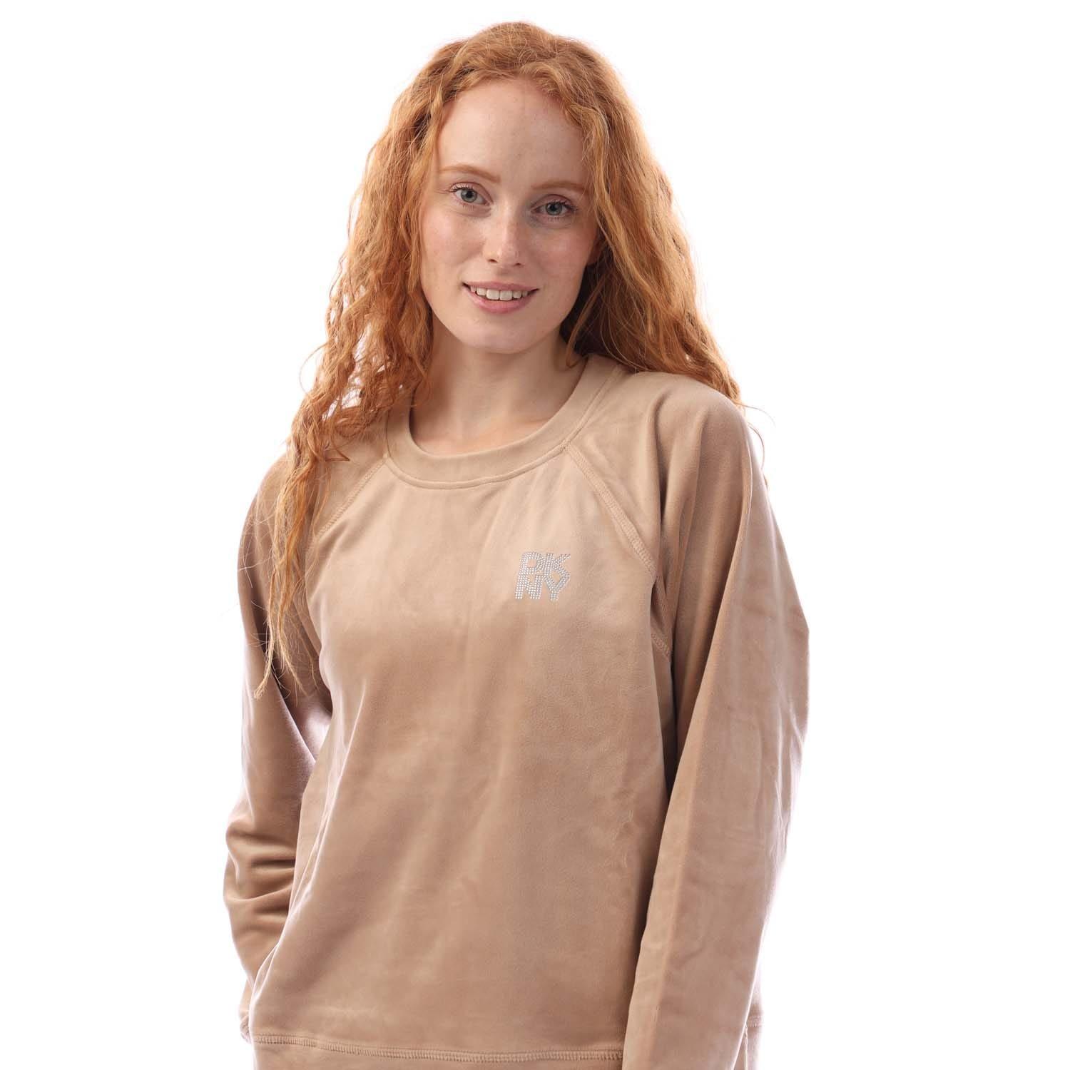 Beige - DKNY - Rhinestone Velour Logo Crew Neck Sweatshirt - 2