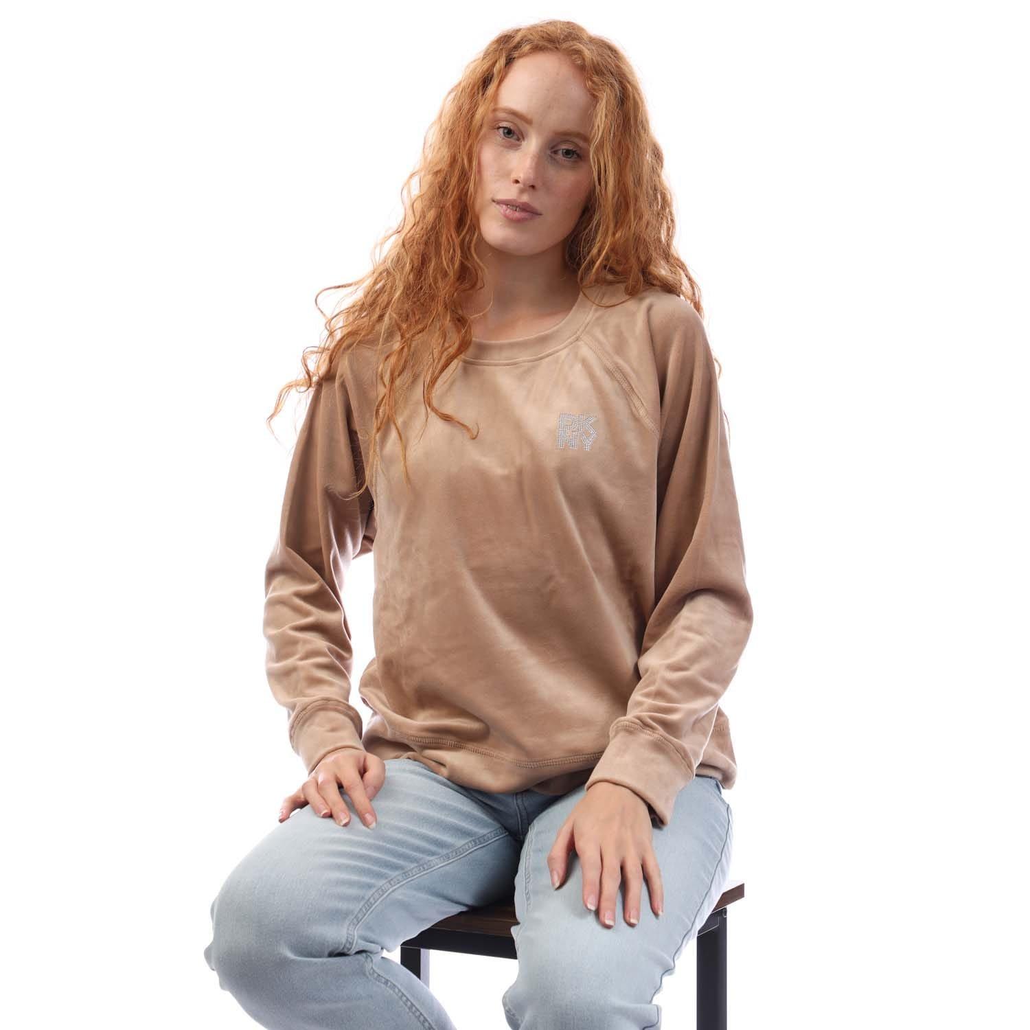 Beige - DKNY - Rhinestone Velour Logo Crew Neck Sweatshirt - 4