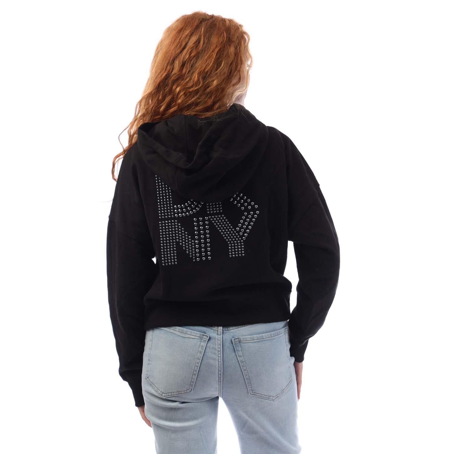 Black Grey - DKNY - Mixed Rhinestone Stud Logo Full Zip Hoodie - 3